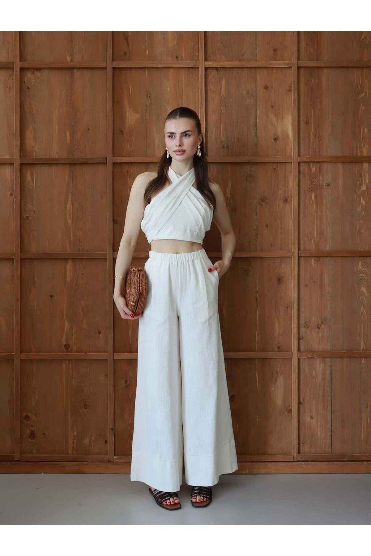 ZENİSO BUTİK KADIN ÇAPRAZ BAĞLAMALI CROP TOP & BOL PAÇA PANTOLON İKİLİ TAKIM