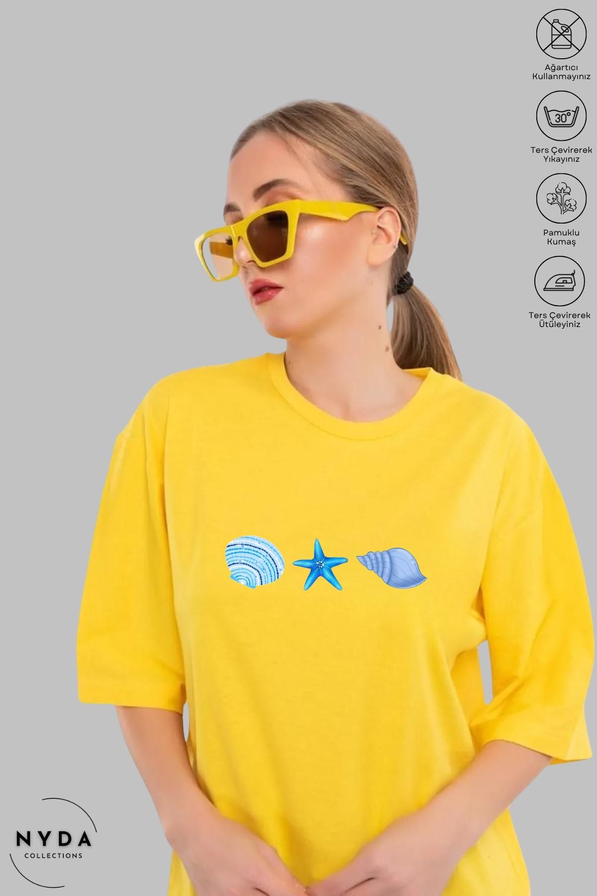 Nyda Collections Kadın Bisiklet Yaka Deniz Temalı Baskılı Pamuk Oversize Kısa Kollu Tişört