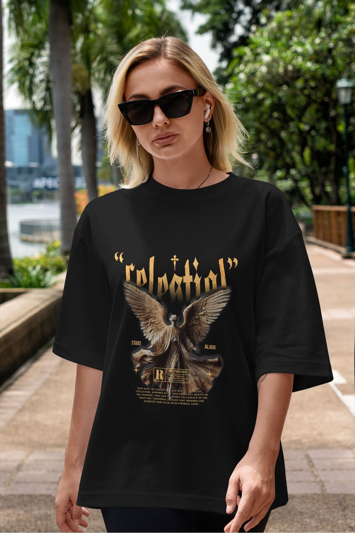 ELFAMİ Unisex Erkek/Kadın CELESTIAL 2 Renkli Özel Baskılı Oversize Pamuklu Bisiklet Yaka T-Shirt Tişört
