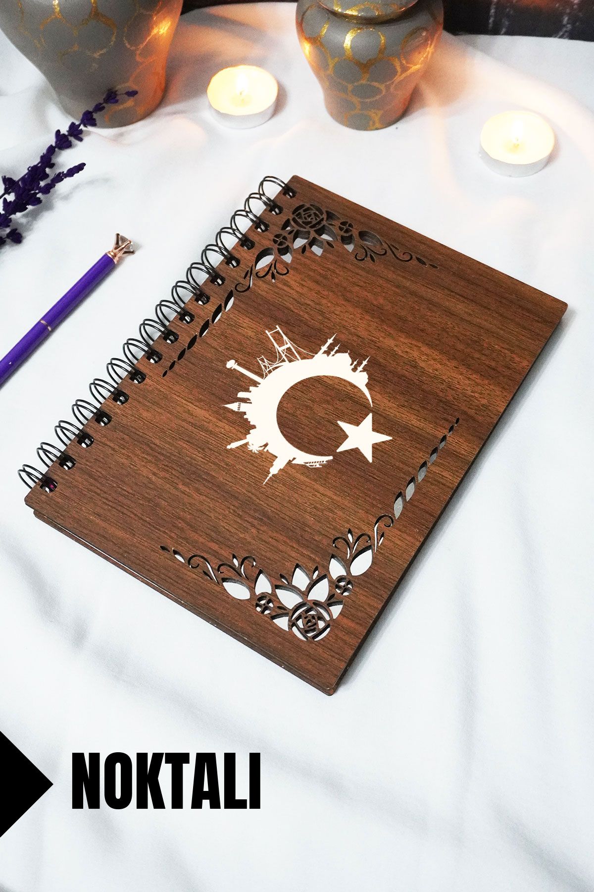 markcat Türk Bayrağı Ahşap Kapaklı Defter - Noktalı Defter - 60 yaprak (120 sayfa) - A5 15x21 cm