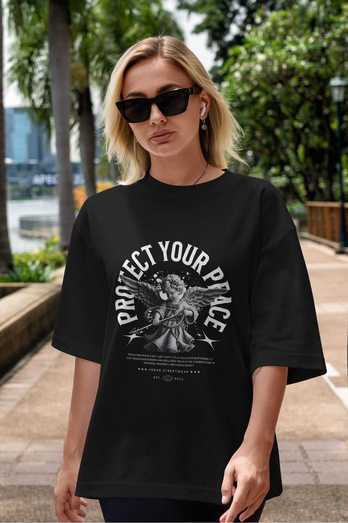 ELFAMİ Unisex Erkek/Kadın PROTECT YOUR PEACE Özel Baskılı Oversize Pamuklu Bisiklet Yaka T-Shirt