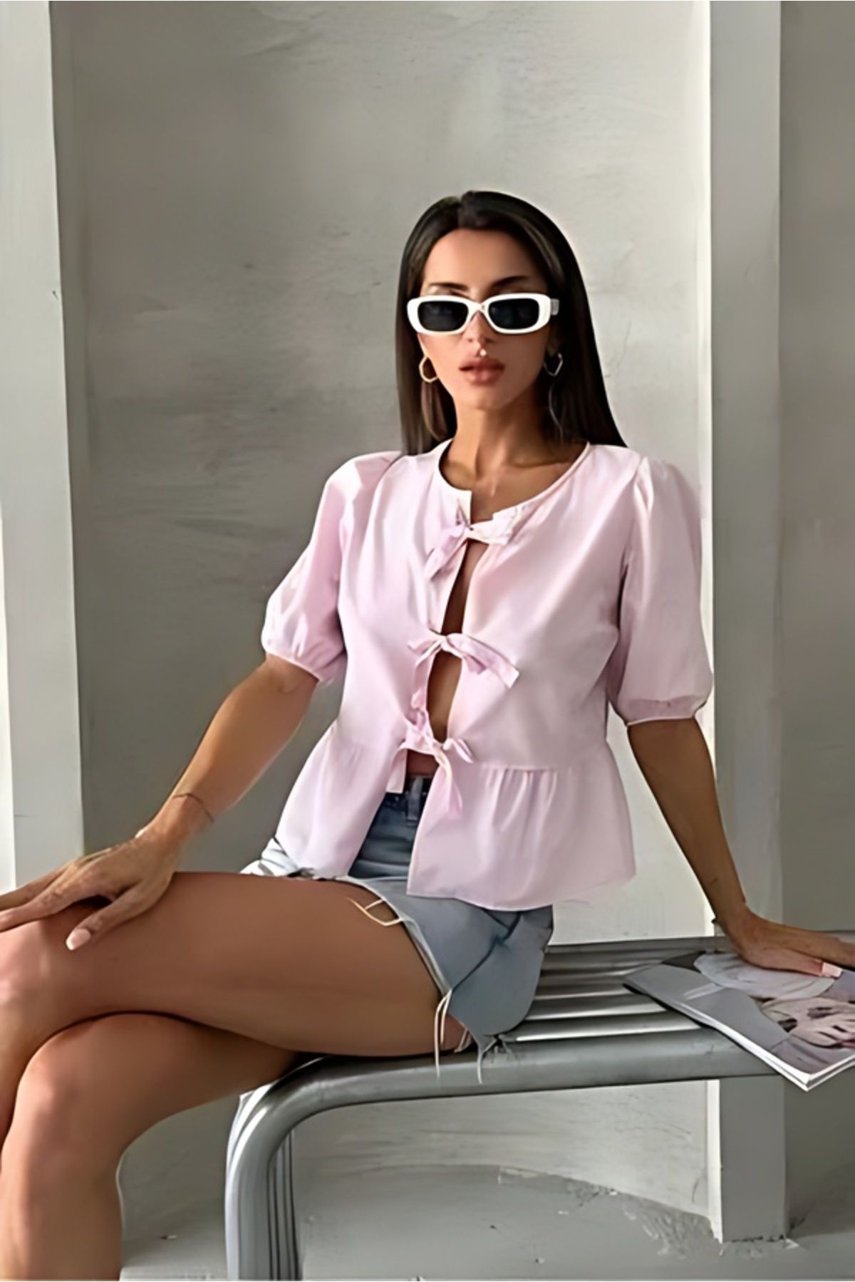 ELLA Önden Bağlamalı Poplin Bluz - Pembe