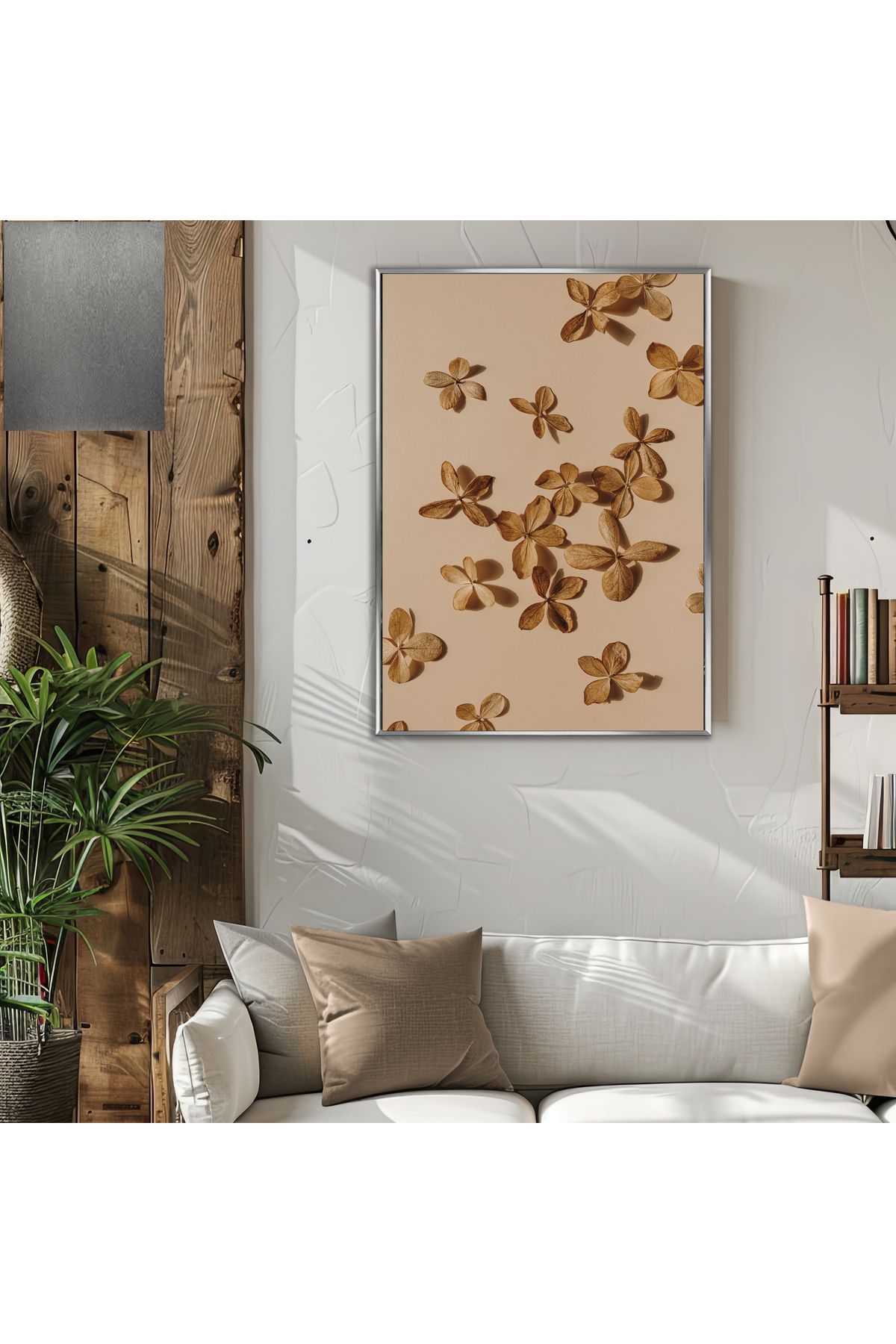 Harikabirev HARİKABİREV|KREM-KAHVE KURU ÇİÇEK MODELİ (FLORAL) |ÇERÇEVELİ TEMPERLİ CAM TABLO TEKLİ DİKEY