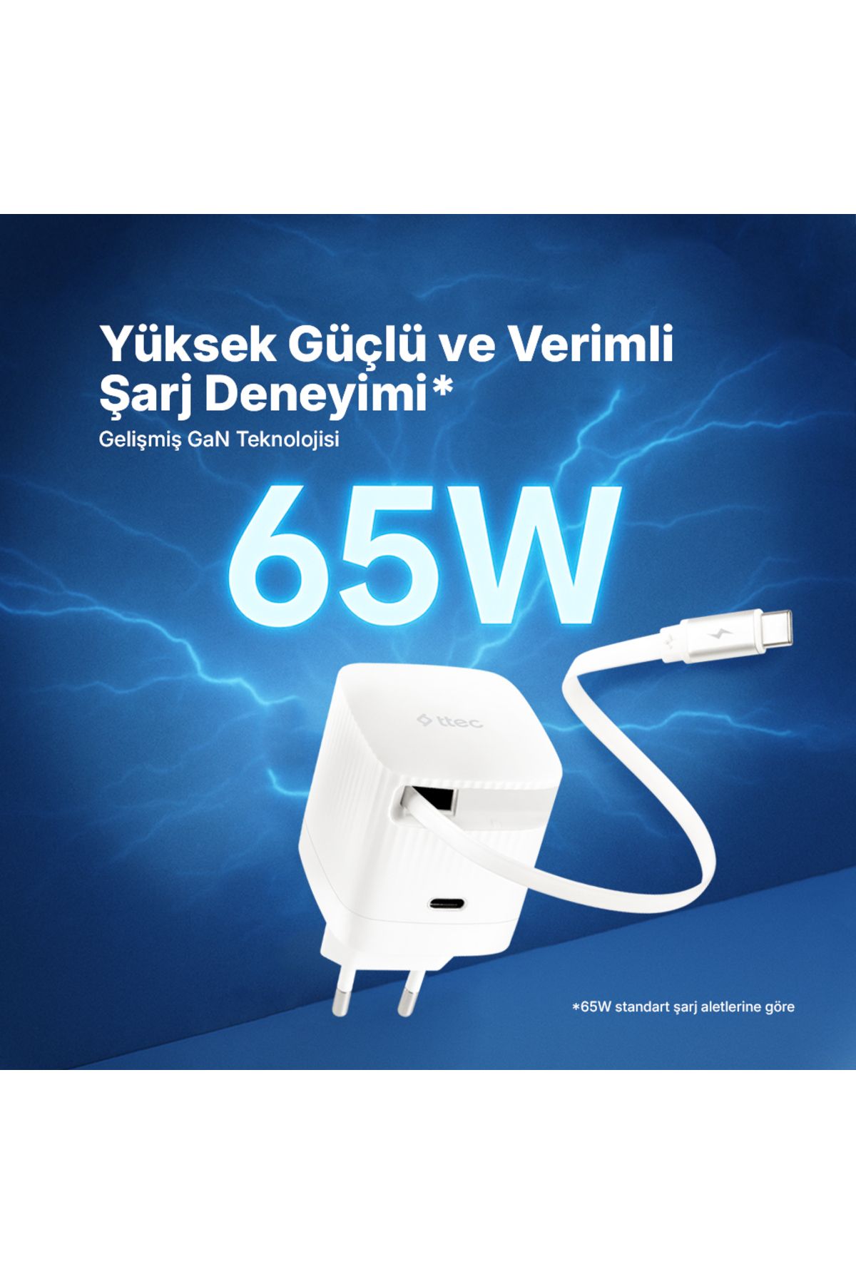 Ttec ttecSmartCharger Duo GAN 65W PD Seyahat Hızlı Şarj Aleti USB-C + Dahili PD 65W 70cm USB-C ŞARJ