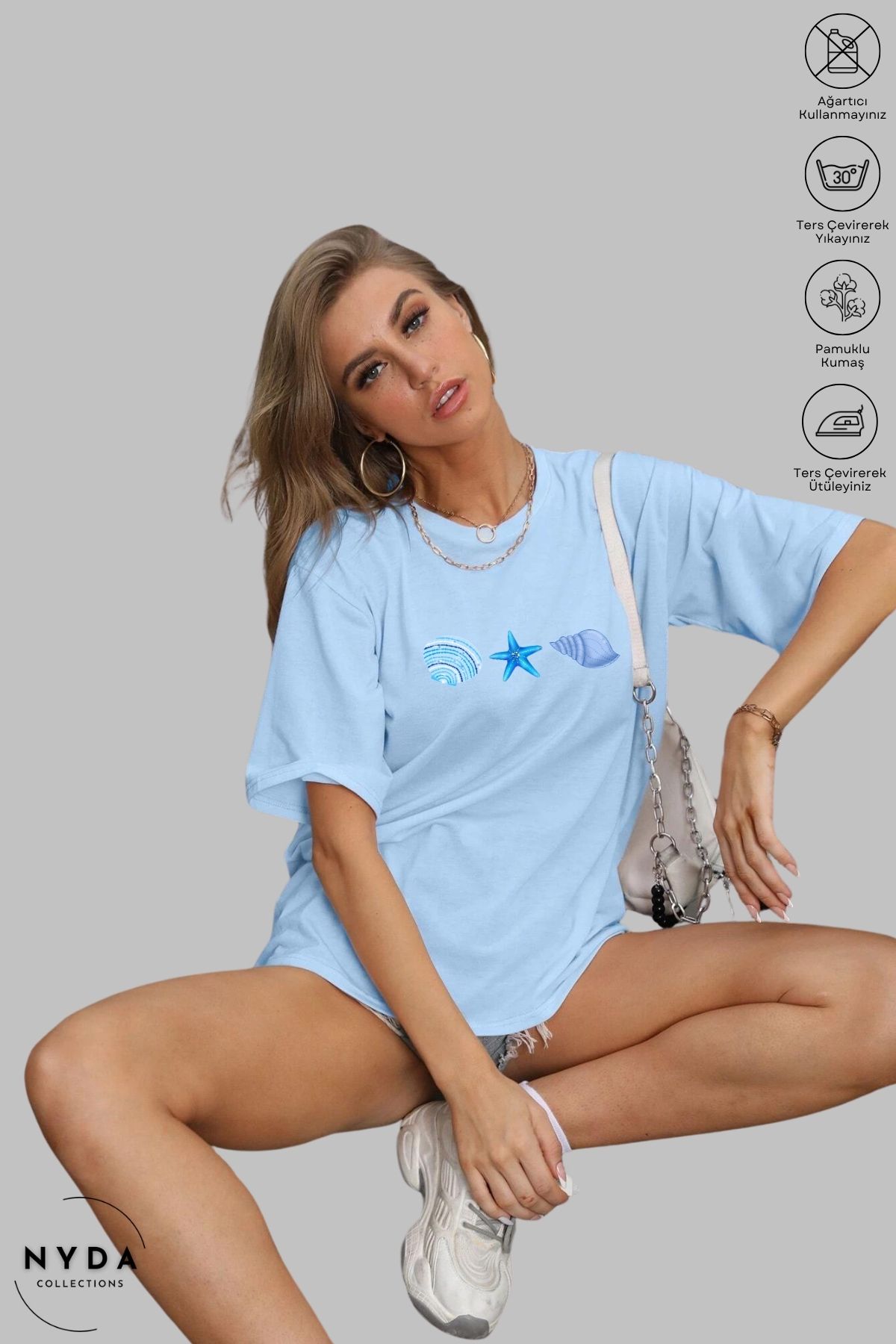 Nyda Collections Kadın Bisiklet Yaka Deniz Temalı Baskılı Pamuk Oversize Kısa Kollu Tişört