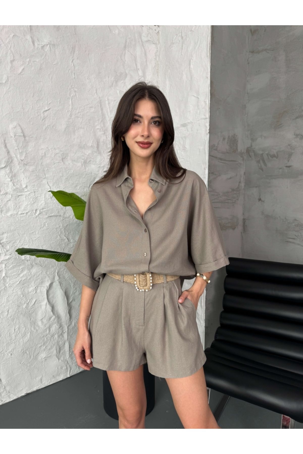 Elif Özbey Butik Vizon Keten Şortlu Takım
