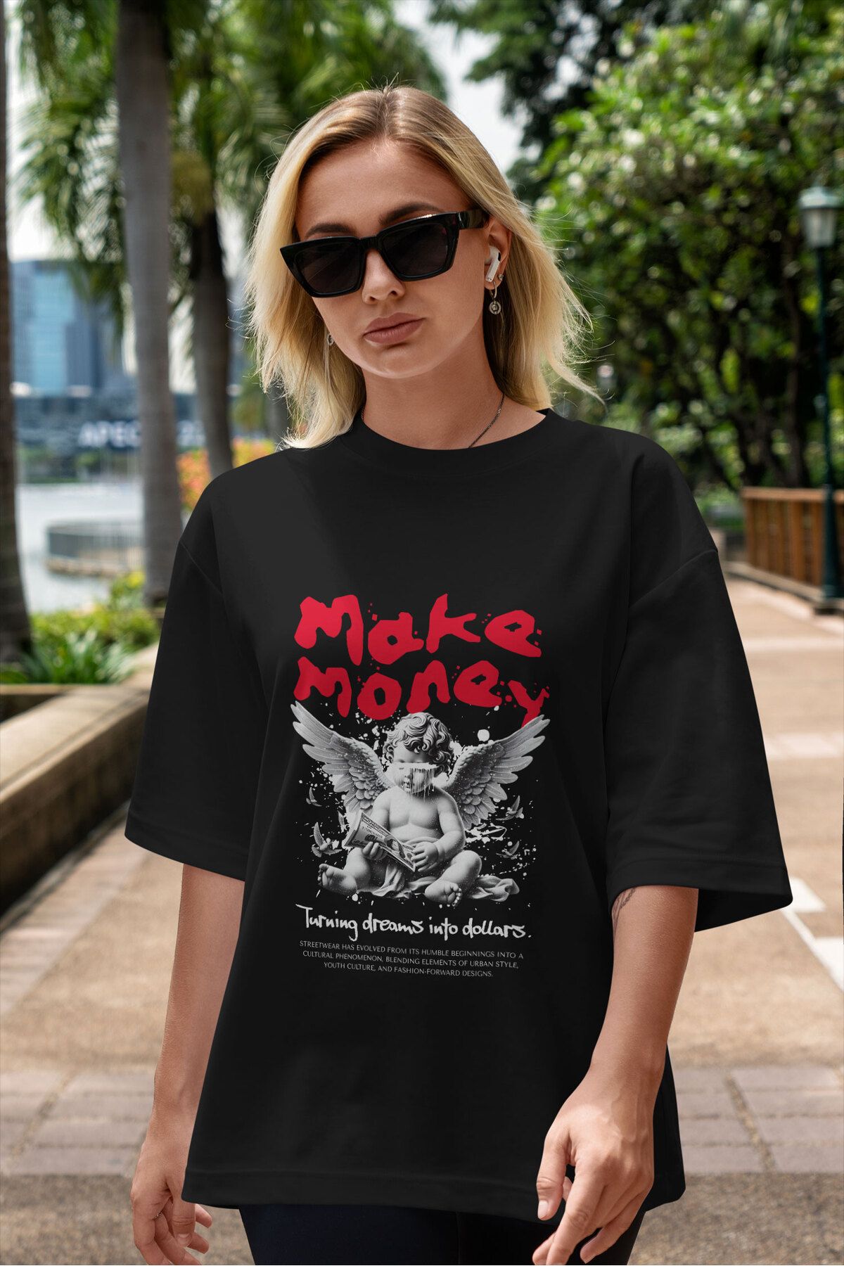 ELFAMİ Unisex Erkek/Kadın MAKE MONEY Renkli Özel Baskılı Oversize Pamuklu Bisiklet Yaka T-Shirt Tişört