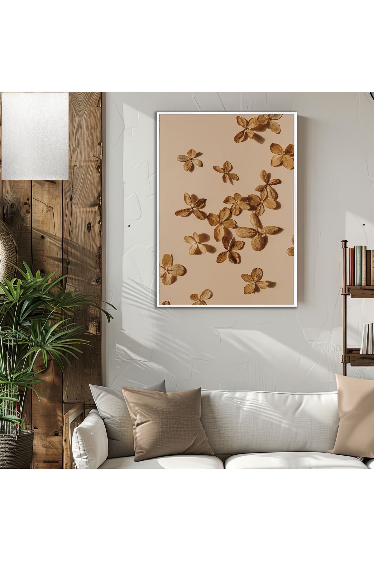 Harikabirev HARİKABİREV|KREM-KAHVE KURU ÇİÇEK MODELİ (FLORAL) |ÇERÇEVELİ TEMPERLİ CAM TABLO TEKLİ DİKEY
