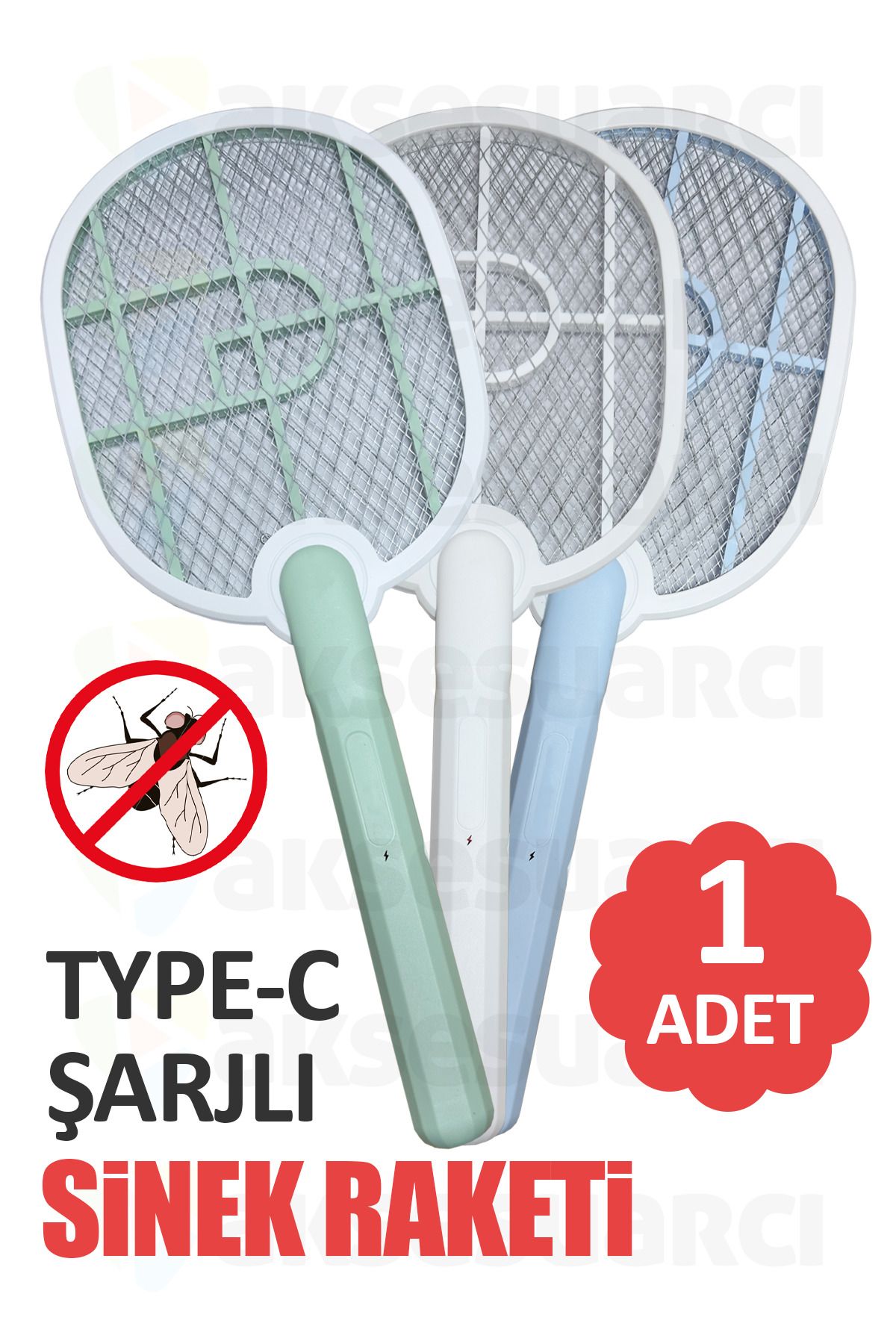 Aksesuarcı 1 Adet Şarjlı Sinek Raketi, Sinek Sivrisinek Böcek Haşere Öldürücü Raket, Type-c Şarj Girişli