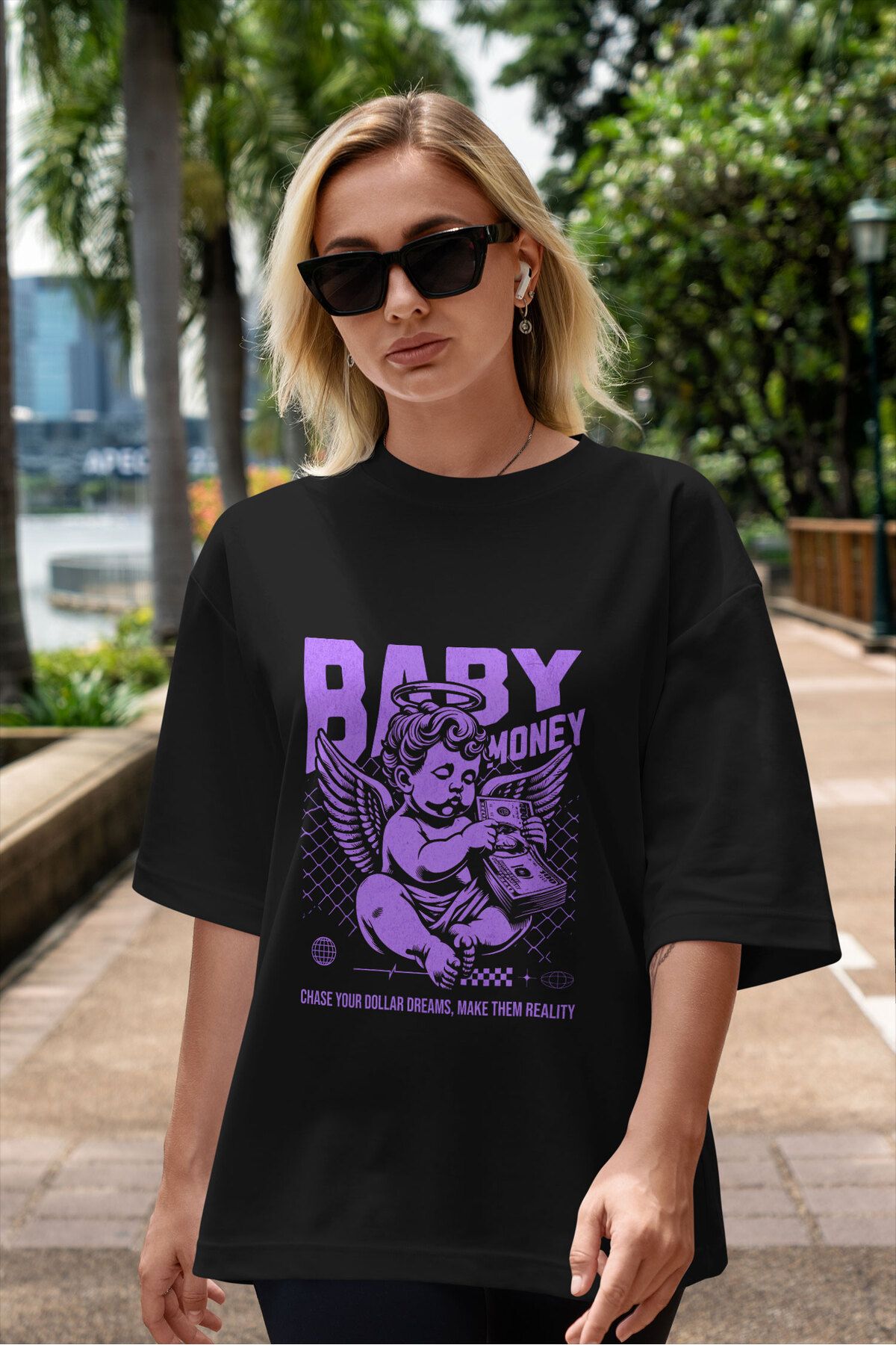 ELFAMİ Unisex Erkek/Kadın BABY MONEY Renkli Özel Baskılı Oversize Pamuklu Bisiklet Yaka T-Shirt Tişört