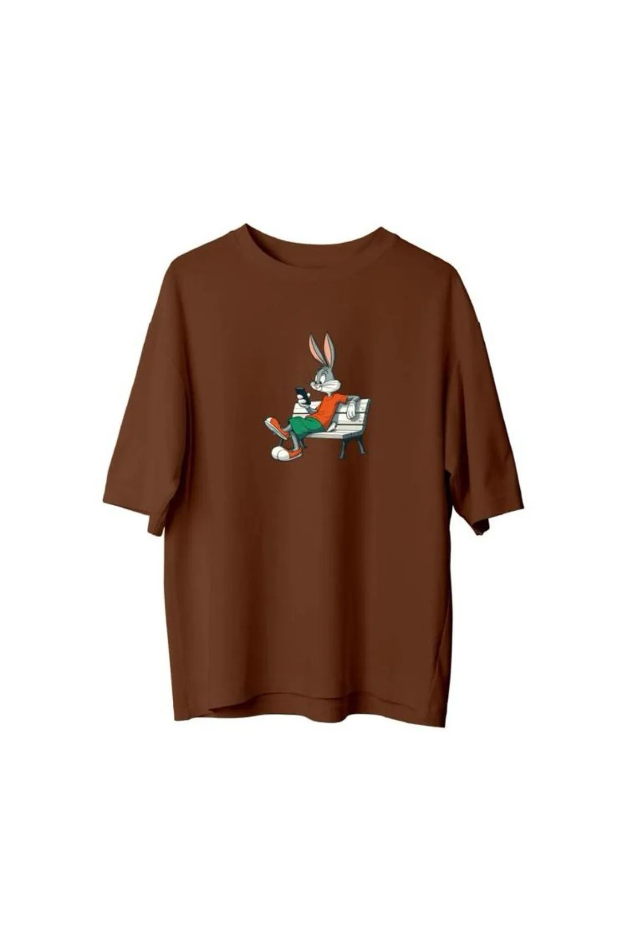 Koklonmoda Unisex Telefon Oynayan Tavşan Baskılı Oversize T-Shirt