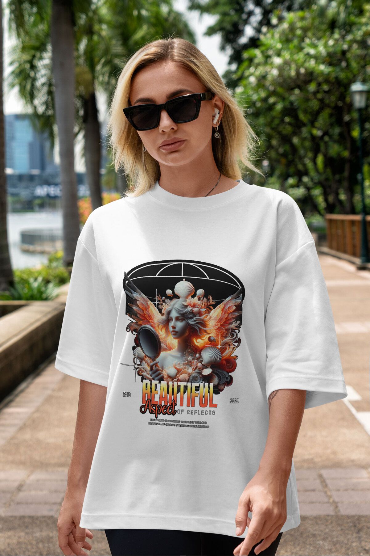 ELFAMİ Unisex Erkek/Kadın BEATIFUL Renkli Özel Baskılı Oversize Pamuklu Bisiklet Yaka T-Shirt Tişört
