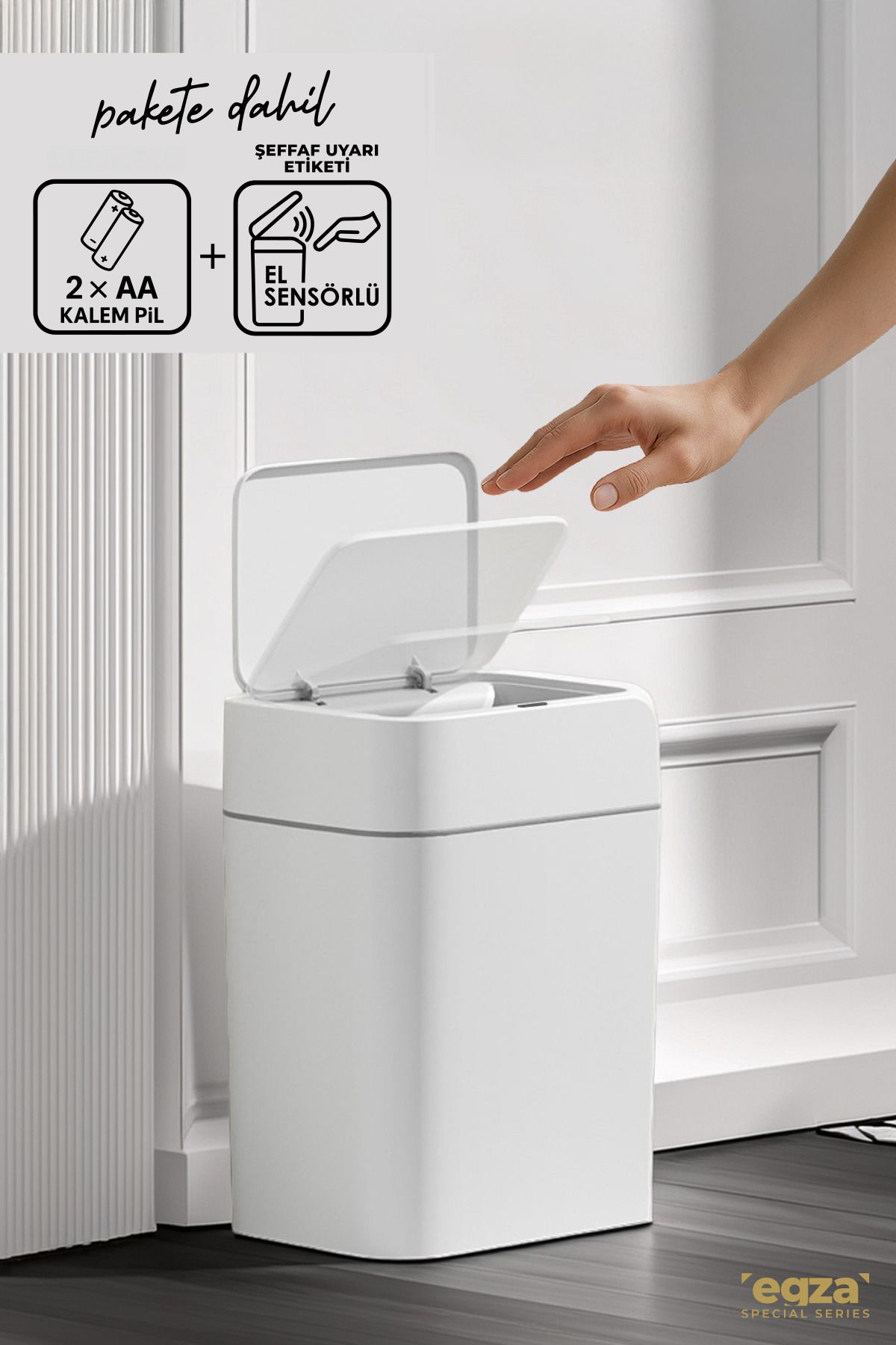 Egza 12 Litre Sensörlü Çöp Kovası + 2 Adet Pil + Sensör Etiketi Dahil – Otomatik Temassız Kullanım