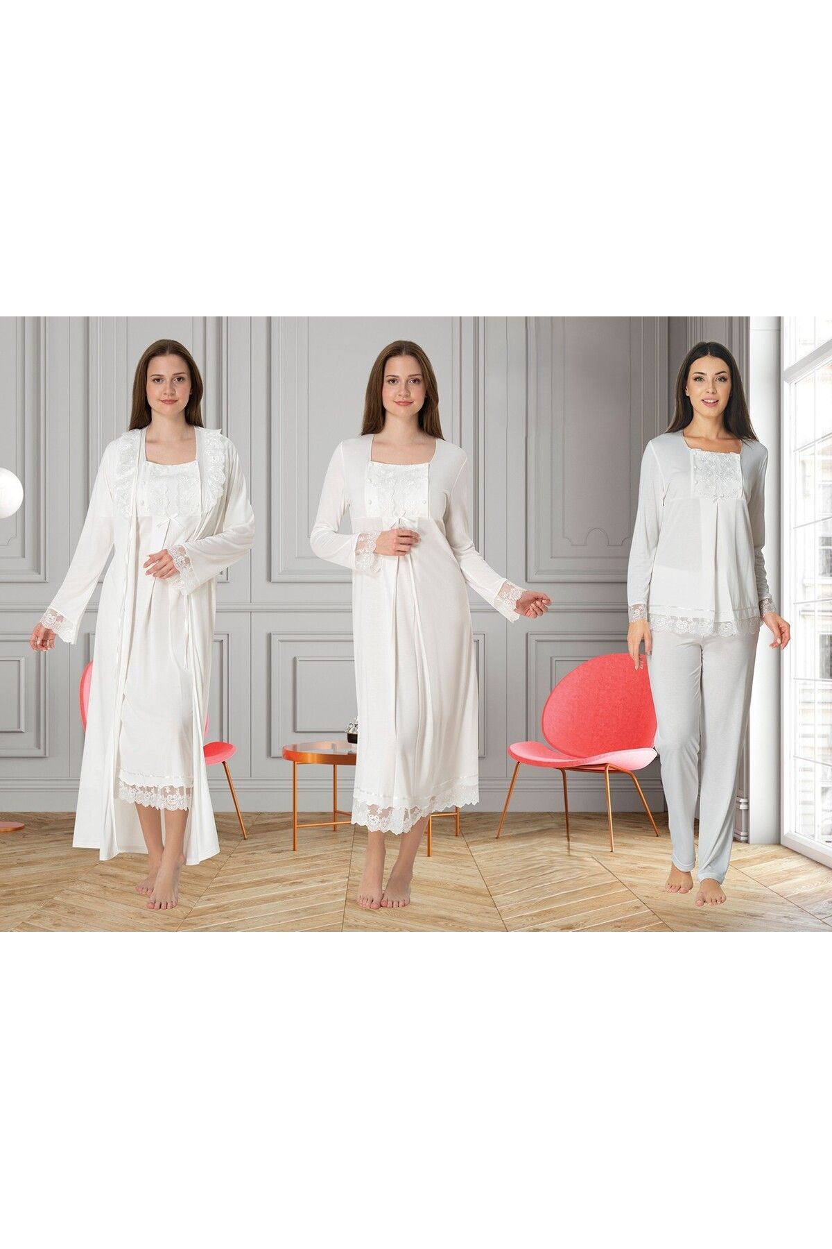 BLACKMORE Ekru Özel Dantelli Tasarım Lohusa Hamile Gecelik-Sabahlık ve Pijama Takım 4'lü Set