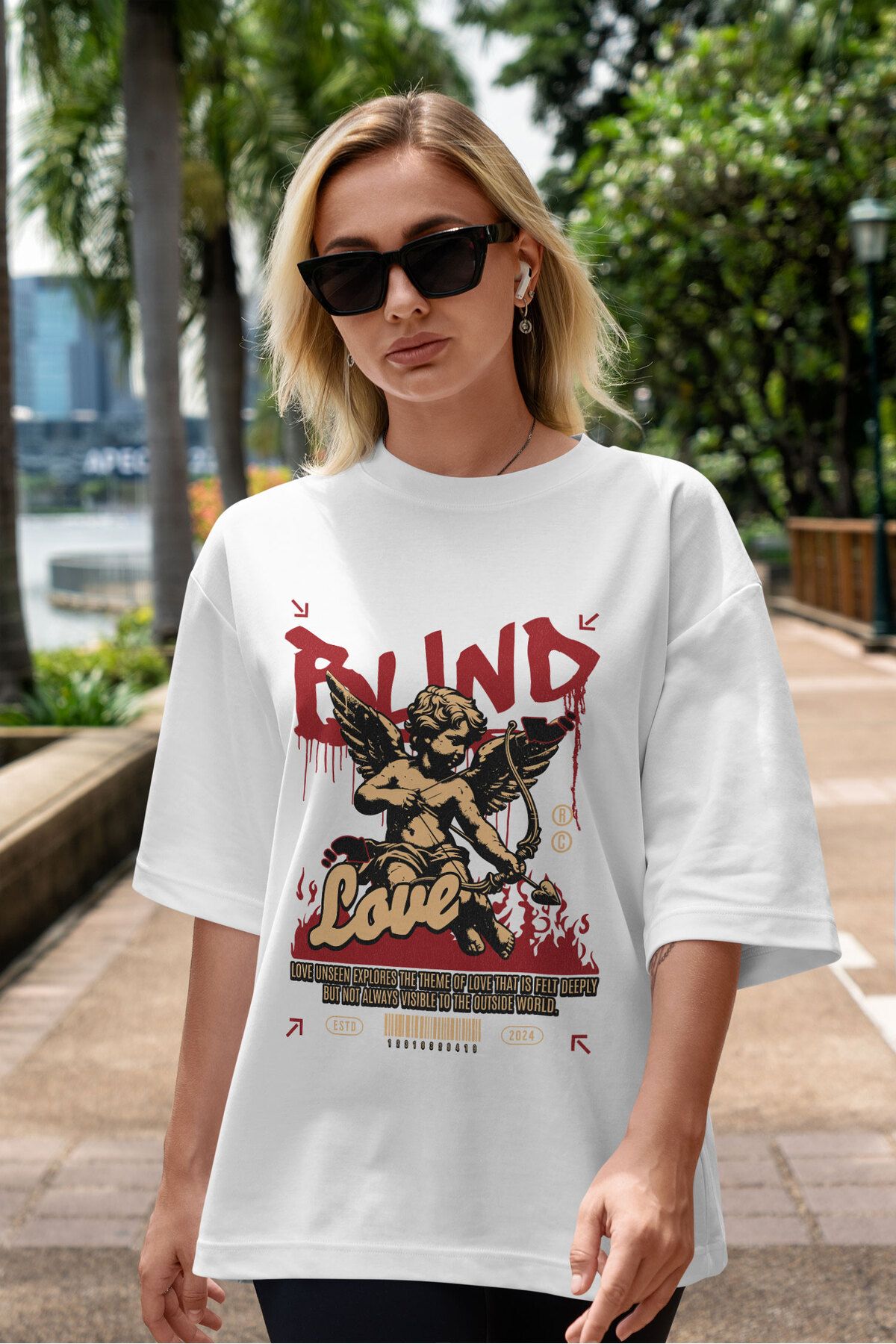 ELFAMİ Unisex Erkek/Kadın BLIND LOVE Renkli Özel Baskılı Oversize Pamuklu Bisiklet Yaka T-Shirt Tişört