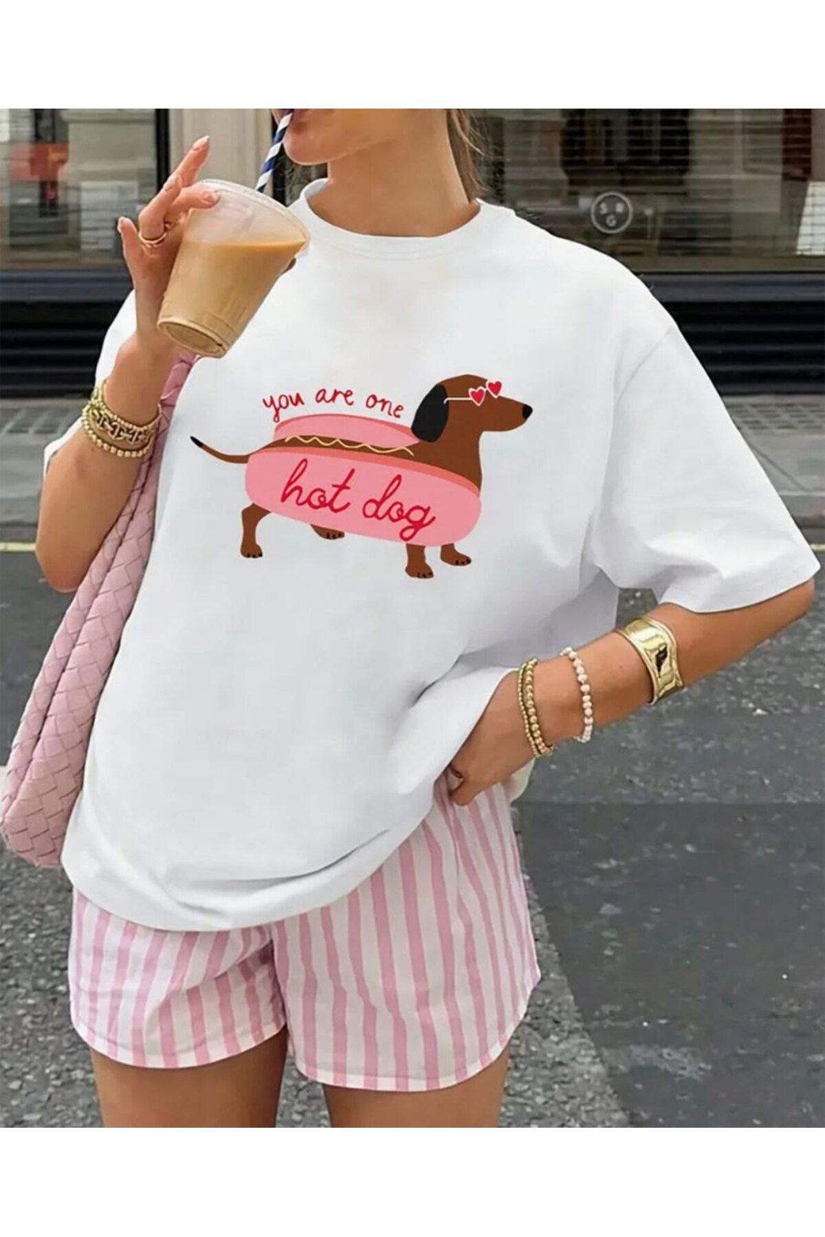 Butik Bisiklet Yaka Kısa Kollu %100 Pamuklu Hot Dog Baskılı Oversize T-shirt