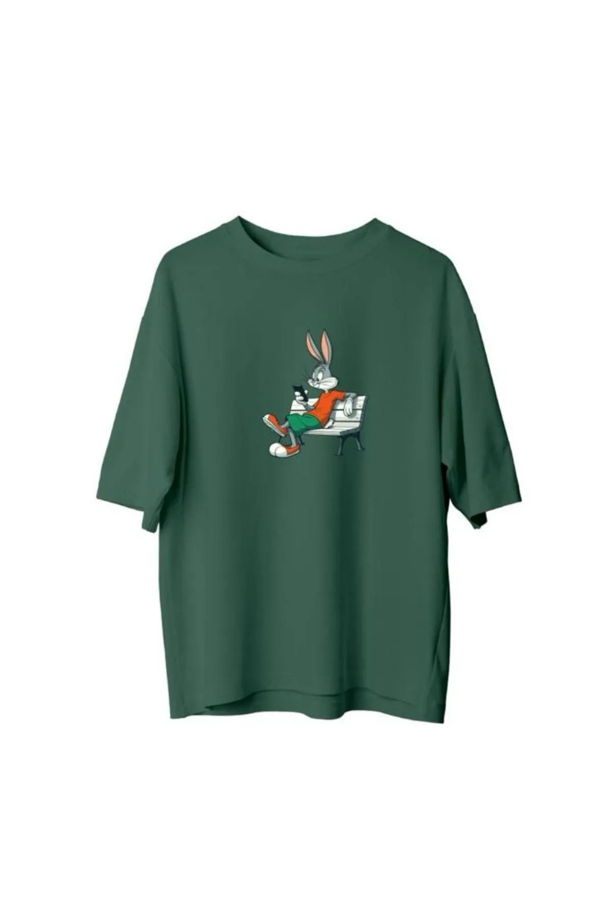 Koklonmoda Unisex Telefon Oynayan Tavşan Baskılı Oversize T-Shirt
