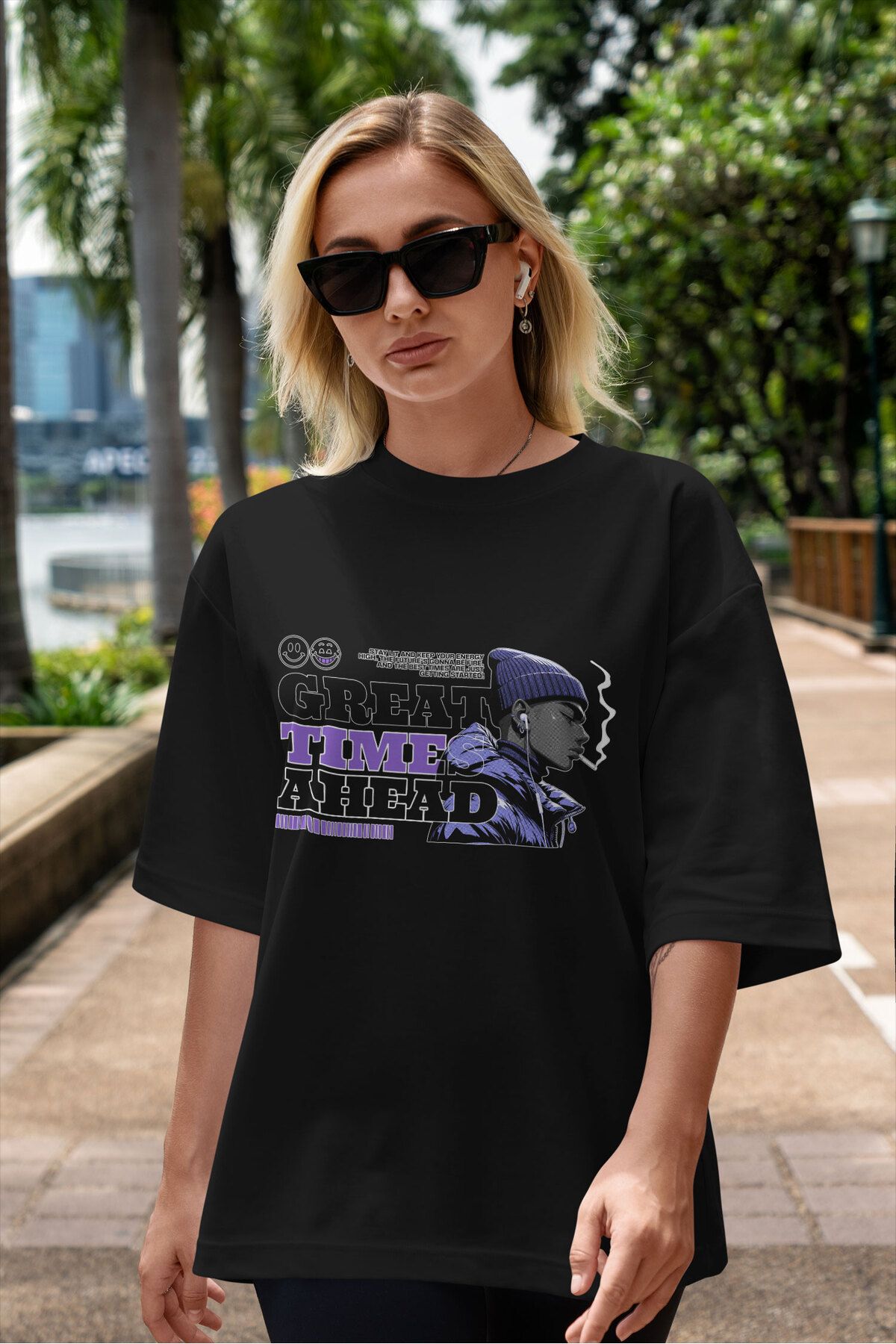 ELFAMİ Unisex Erkek/Kadın GREAT TIME AHEAD Özel Baskılı Oversize Pamuklu Bisiklet Yaka T-Shirt