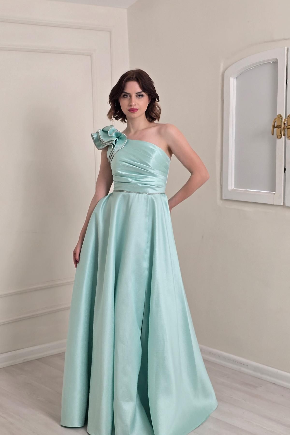 Yonca Moda Evi Mint Ağaç Kabuğu Volanlı Abiye 1143