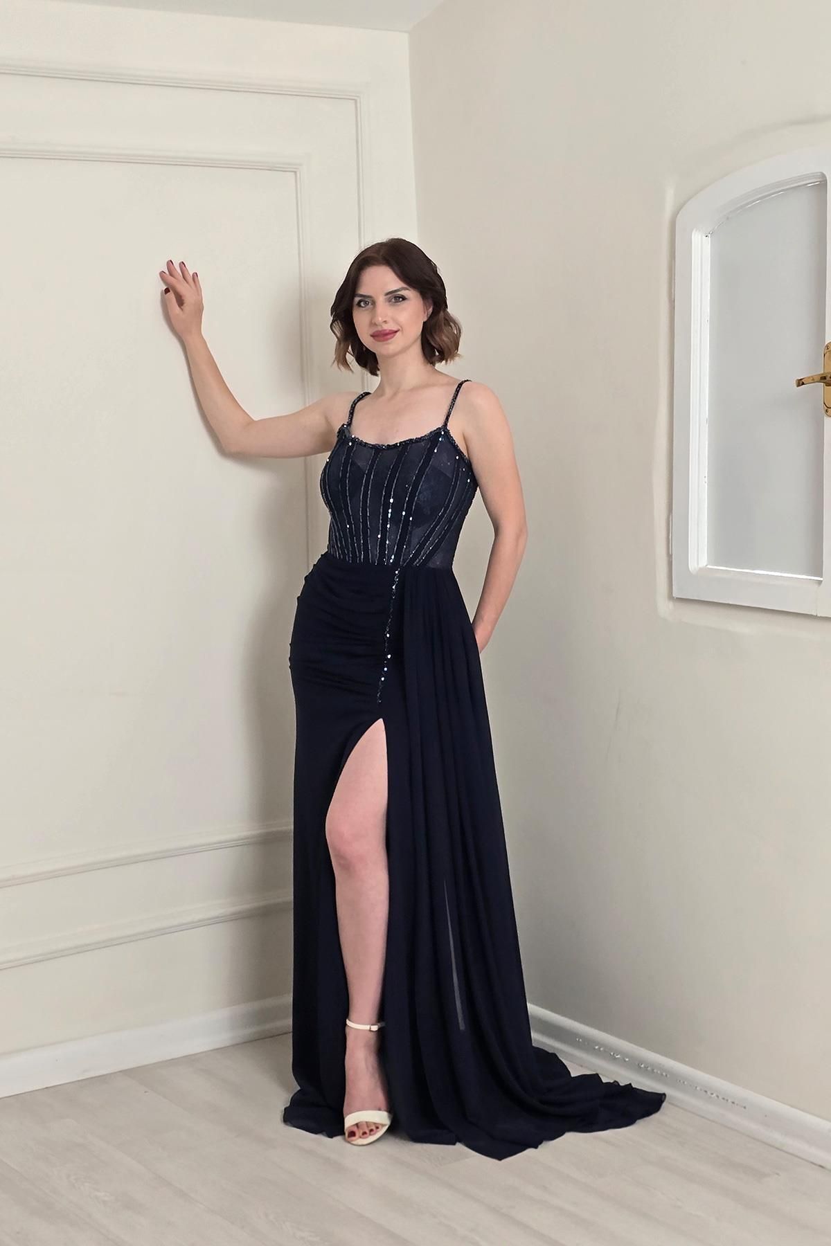 Yonca Moda Evi Lacivert Balinli Şifon Abiye 2315