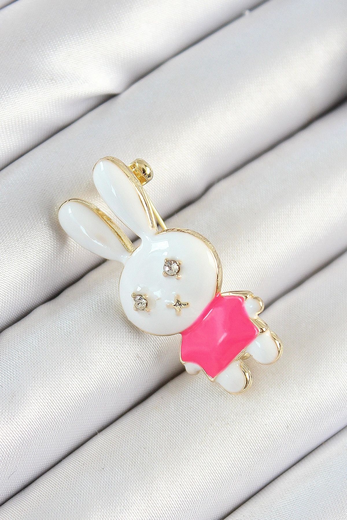 OurStyles Zirkon Taş Detaylı Beyaz Ve Pembe 3D Tavşan Figürlü Kadın Broş - TJ-BR436