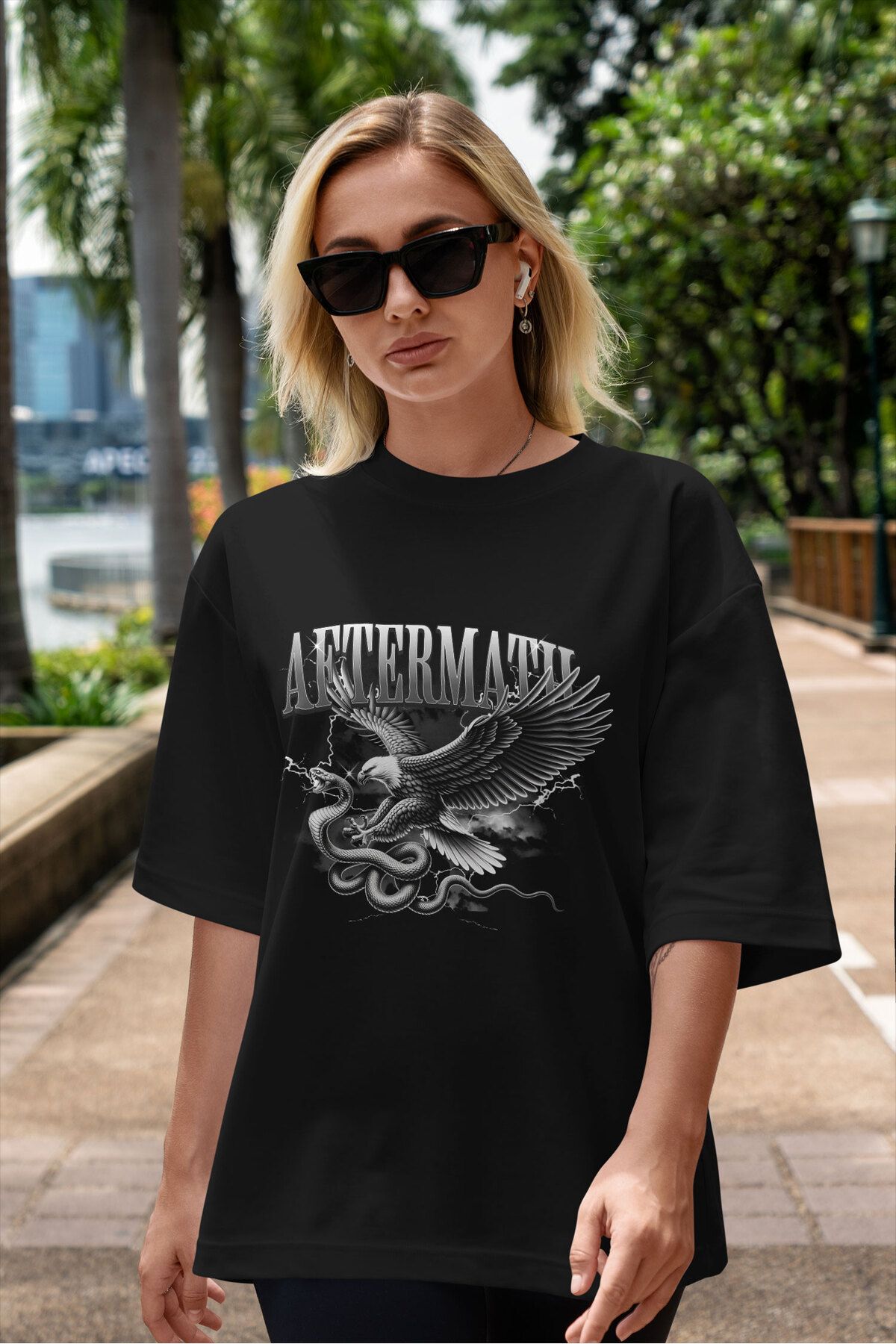 ELFAMİ Unisex Erkek/Kadın AFTERMATH Özel Baskılı Oversize Pamuklu Bisiklet Yaka T-Shirt