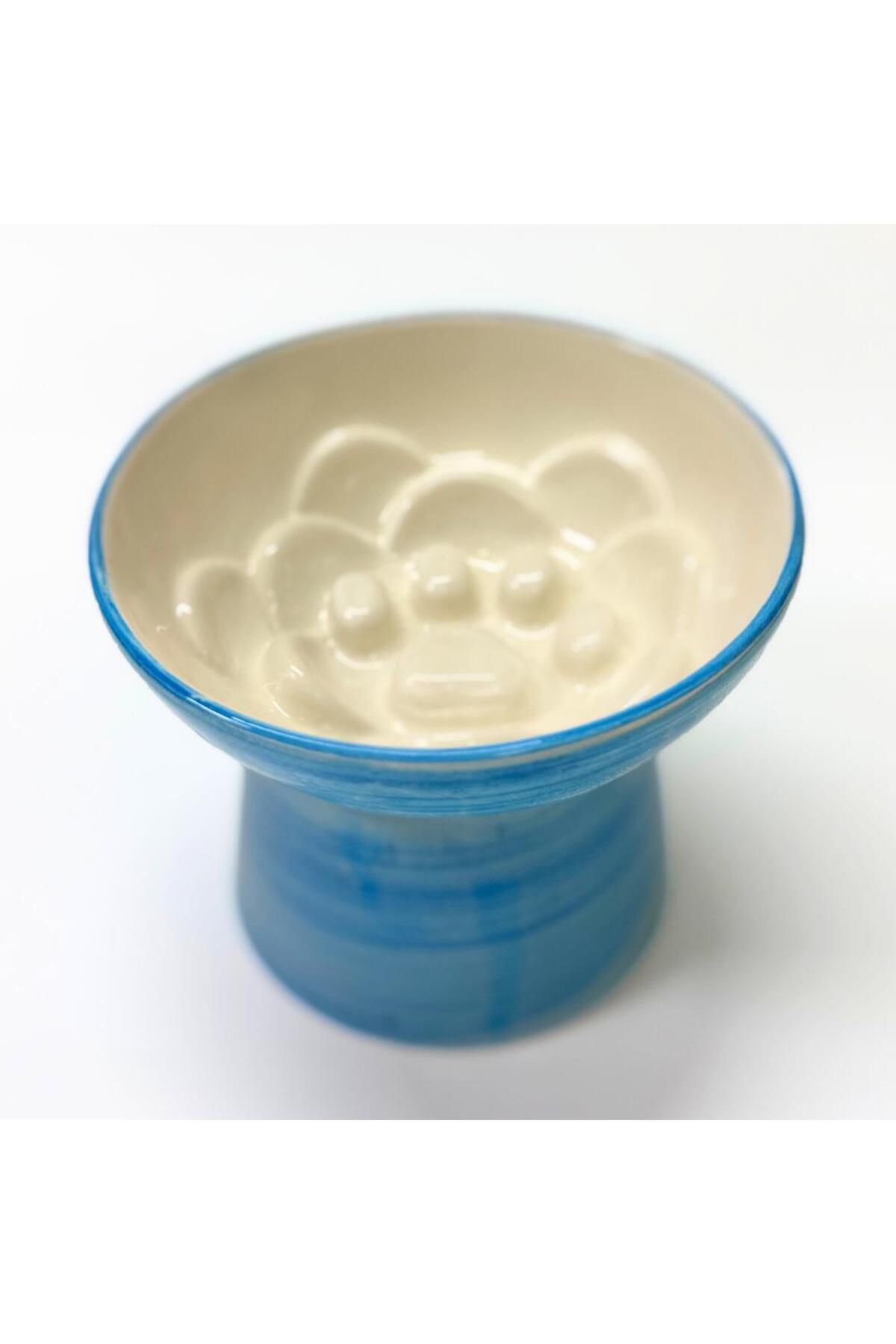 Pawstar Seramik Yüksek Yavaş Yeme Mama Kabı – 400 ml- Mavi Desen