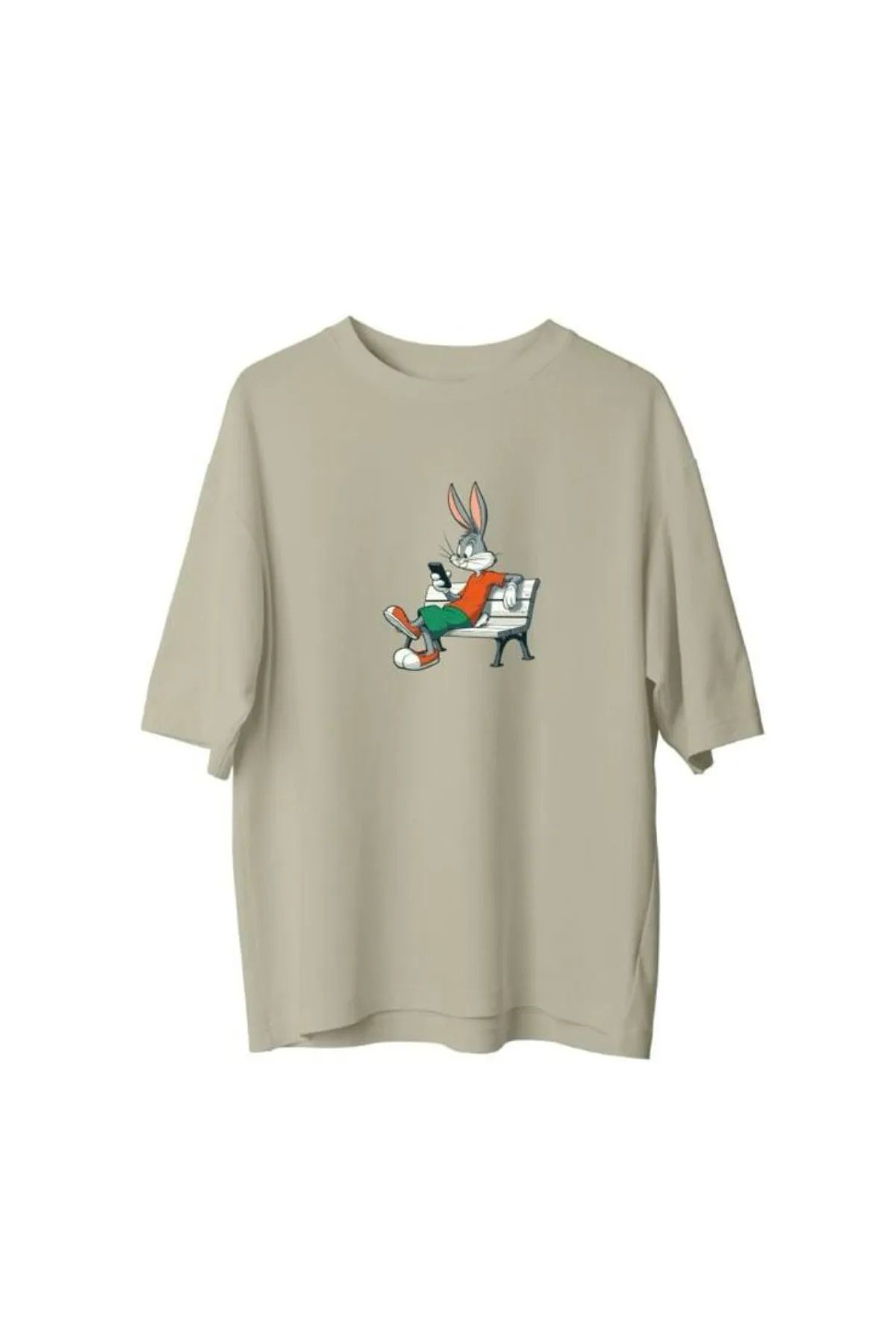 Koklonmoda Büyük Beden Unisex Telefon Oynayan Tavşan Baskılı Oversize T-Shirt