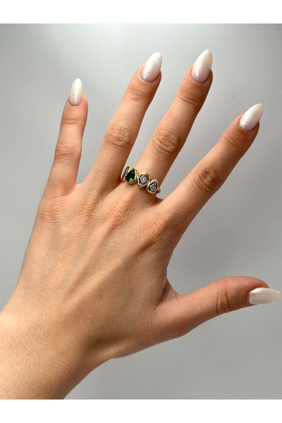 MyladyAccessoriess Yeşil Damla Detaylı Ayarlanabilir Yüzük (Çelik)