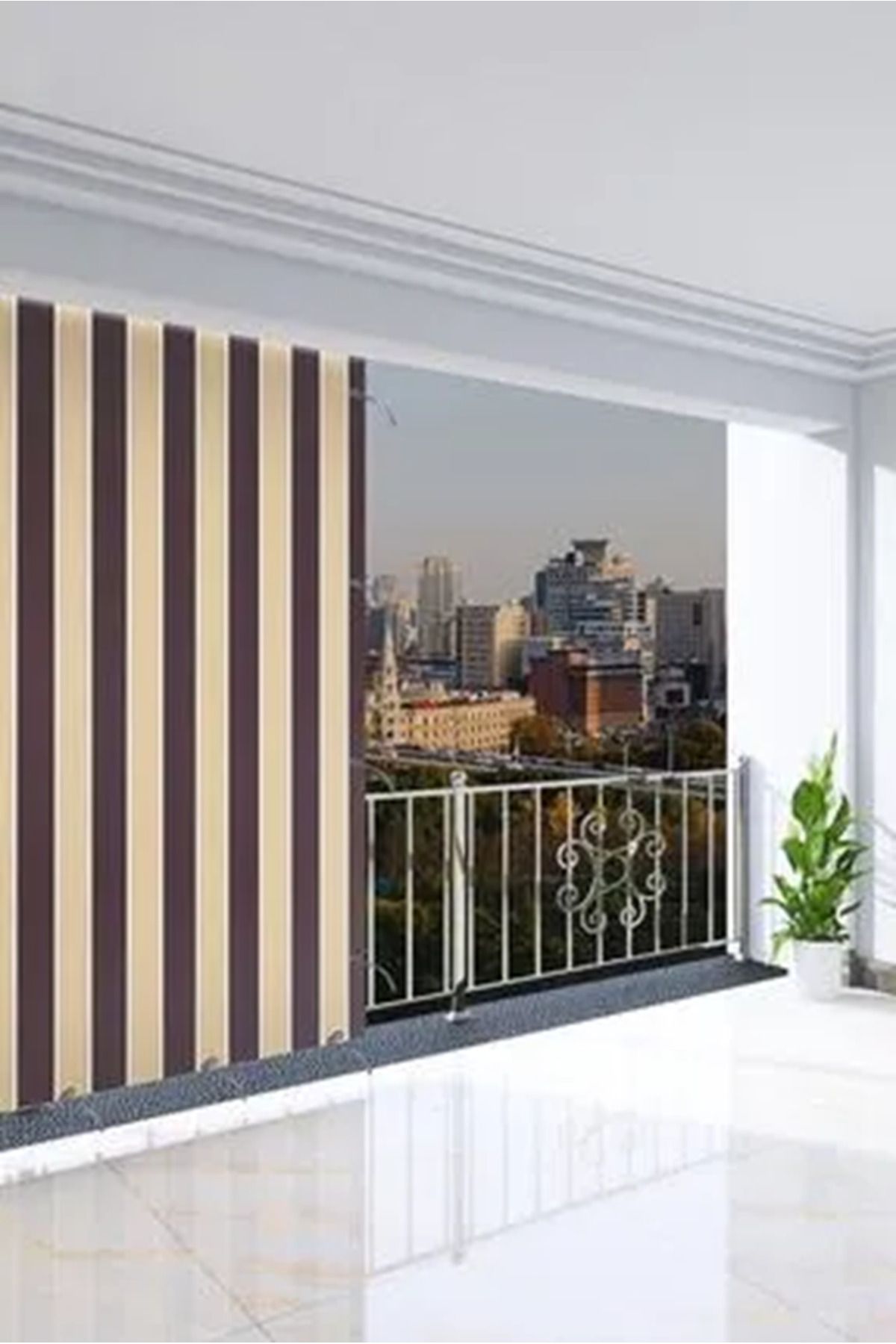 İMYA TEKSTİL 1. Sınıf Kornişli ve Bağcıklı Balkon Perdesi KahvexKrem