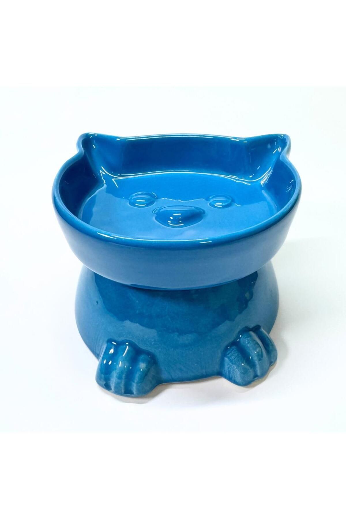 Pawstar Ayaklı Kedi Kafa Figürlü Seramik Mama Kabı – 300 ml - Mavi