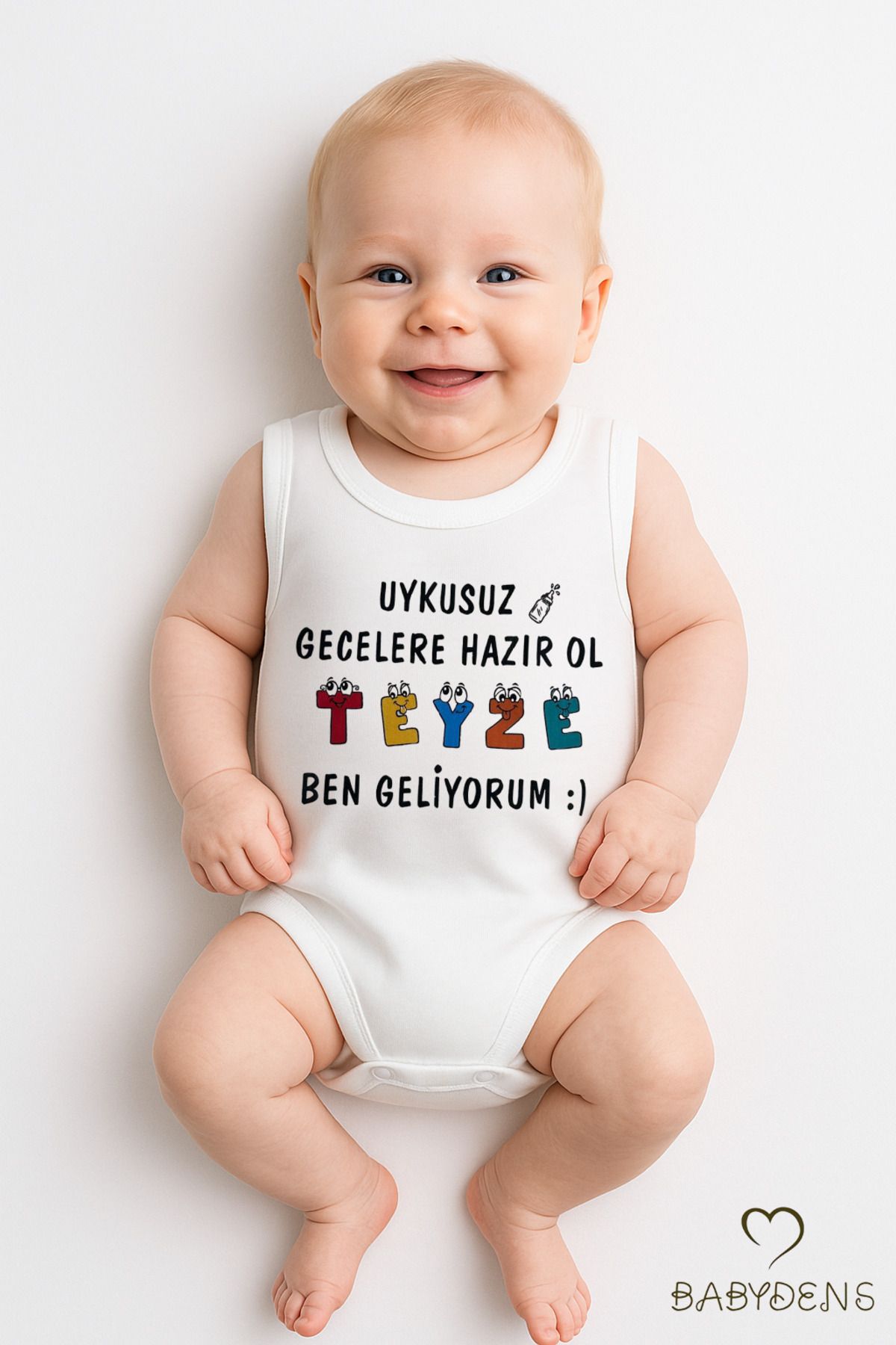 BABYDEN'S Uykusuz Gecelere Hazır Ol Teyze Ben Geliyorum Yazılı %100 Pamuk Kolsuz Bebek Body Zıbın Tulum
