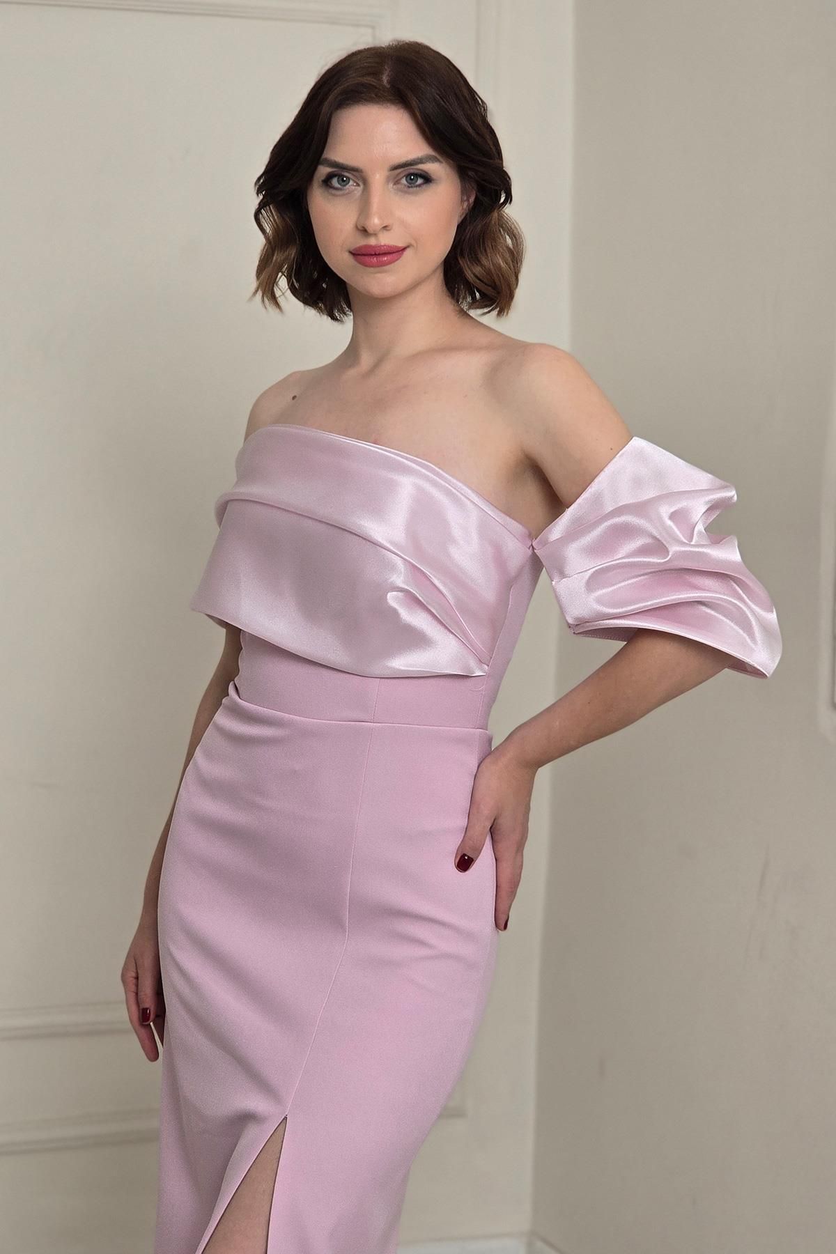 Yonca Moda Evi Pudra Asimetrik Krep Elbise 6589
