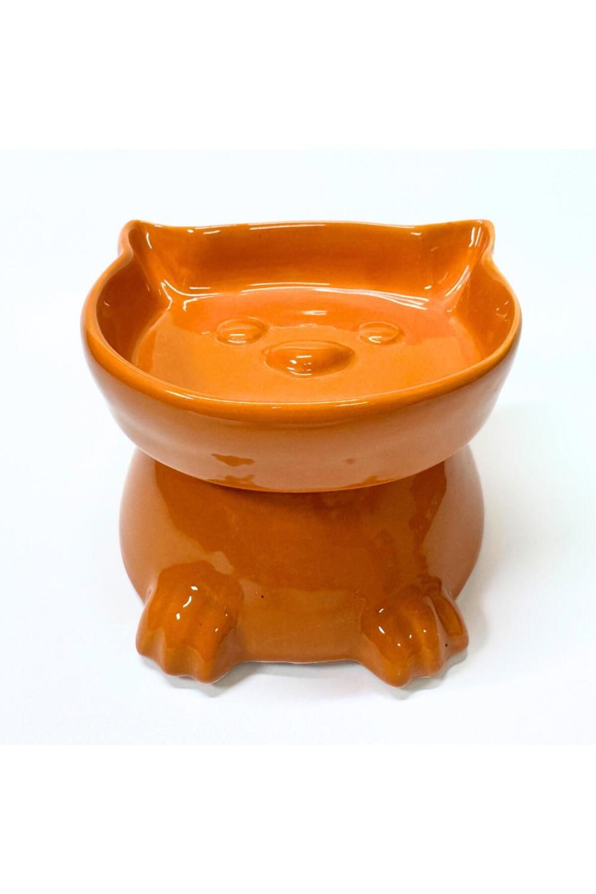Pawstar Ayaklı Kedi Kafa Figürlü Seramik Mama Kabı – 300 ml - Turuncu