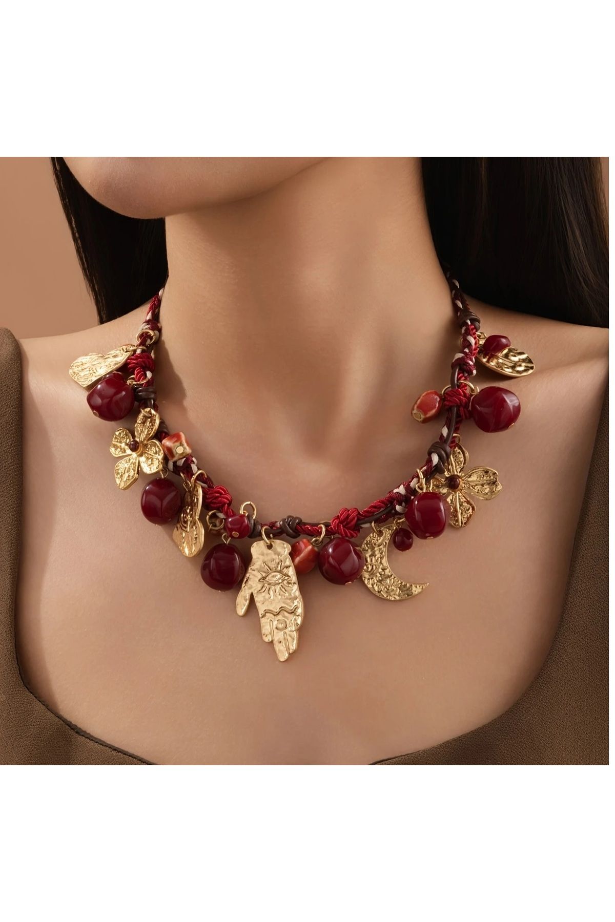 mos&more Bordo Gold Etnik Vintage Stil Marka Kadın Kolye