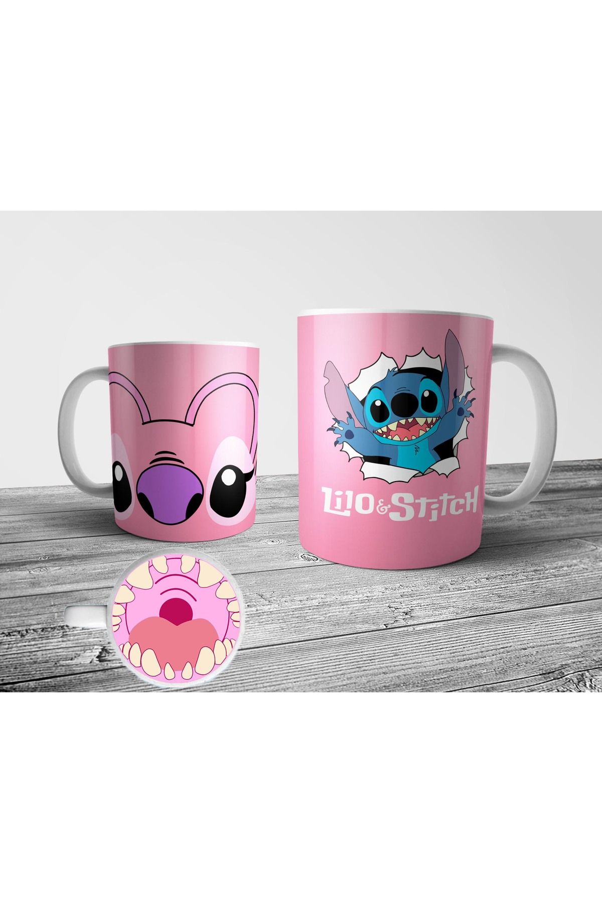 Pixxa Lilo & Stitch Angel Tabanı Ağız Tasarımlı Kupa Bardak