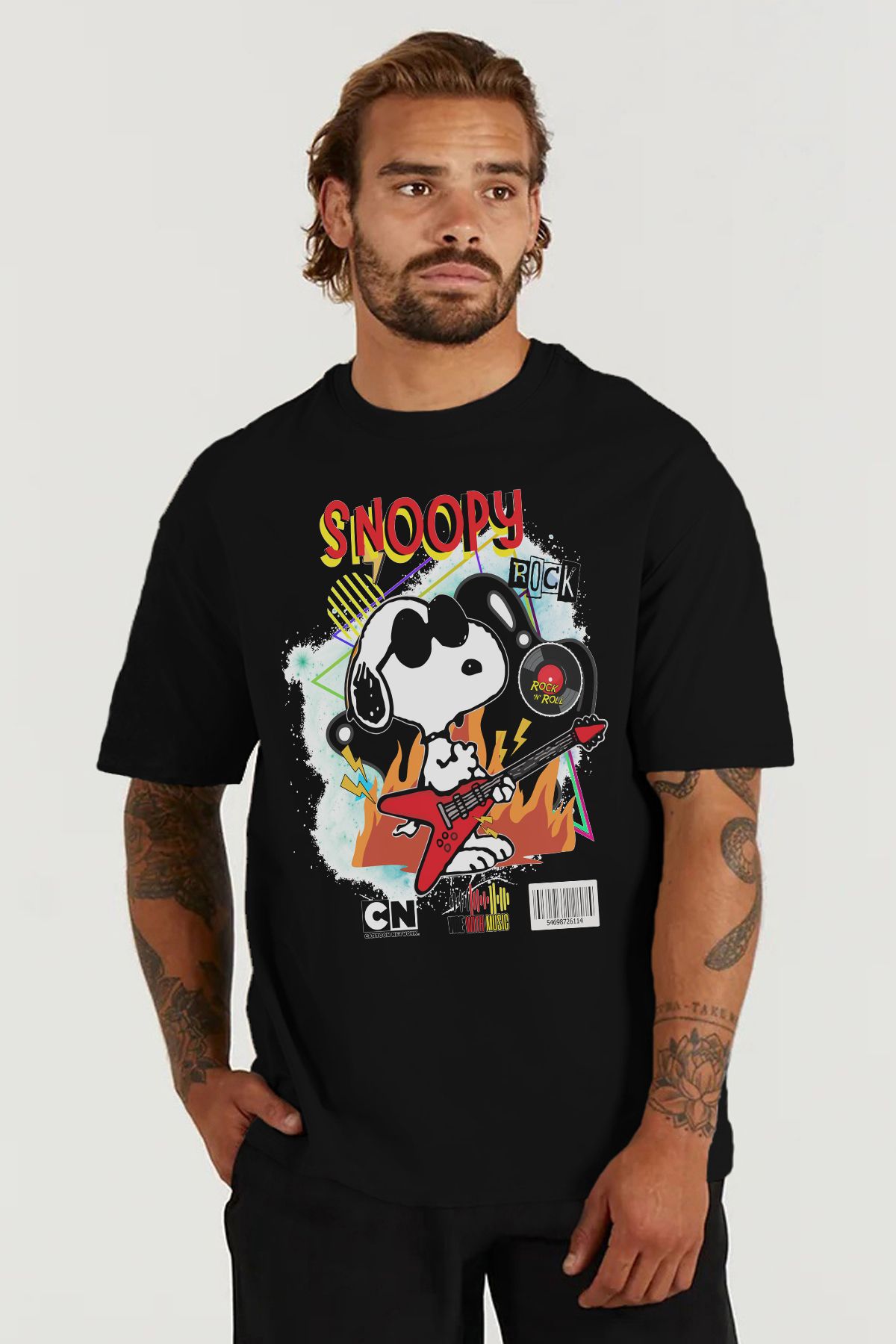 MODA Snoopy Baskılı Oversize Kalıp Siyah Geniş Bol Kesim Erkek Tişört
