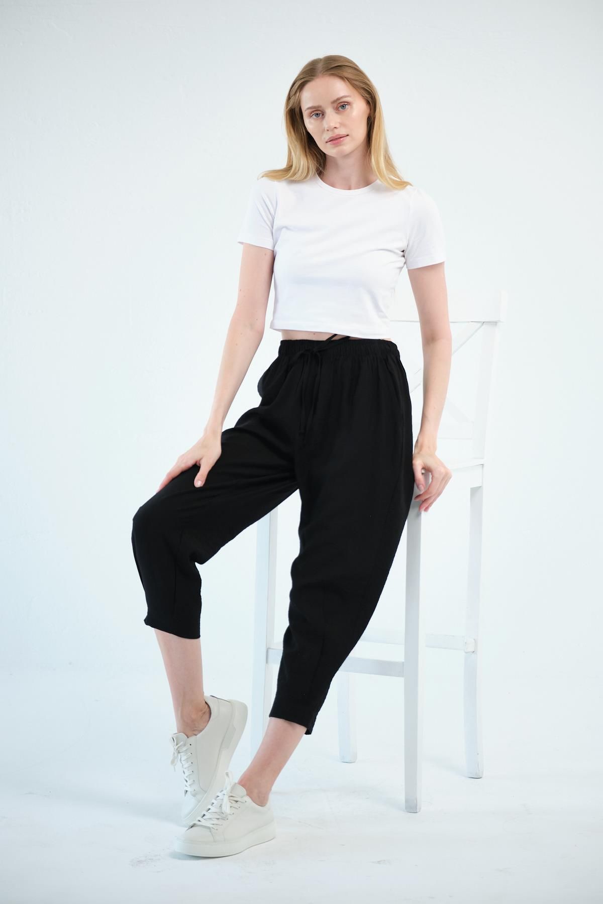 BUSA Giyim Beli Bağcıklı Mom Fit Modal Pantolon SİYAH