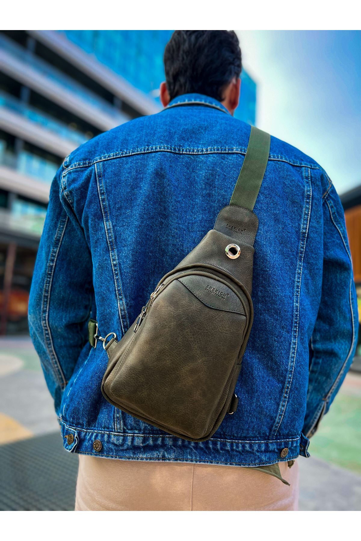 devrialemshoes CNT008 Cilt Deri Erkek Omuz Çantası HAKI