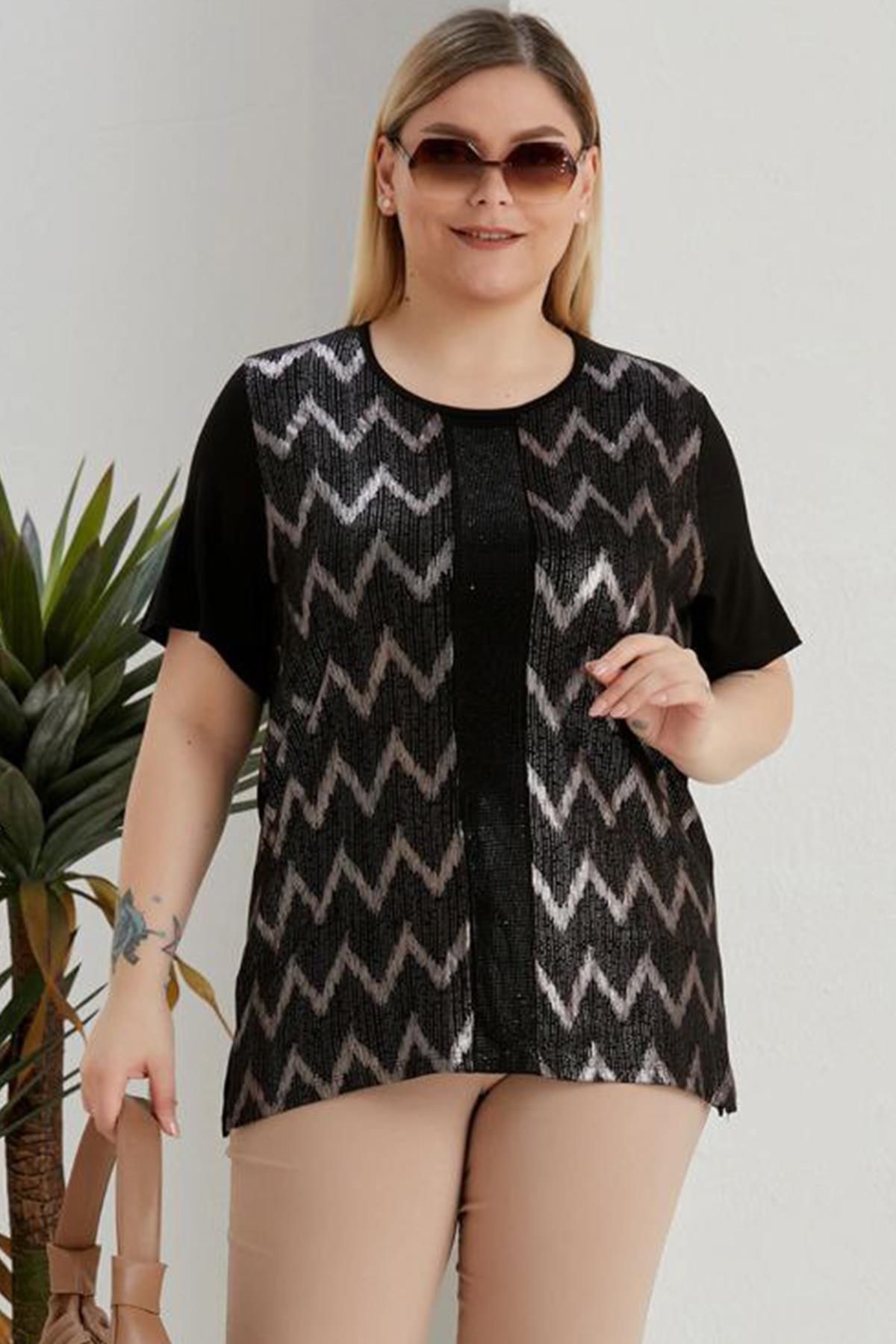 wearon tekstil Wearon Kadın Ecrin Varak Baskılı Taşlı Penye Siyah Tişört D02