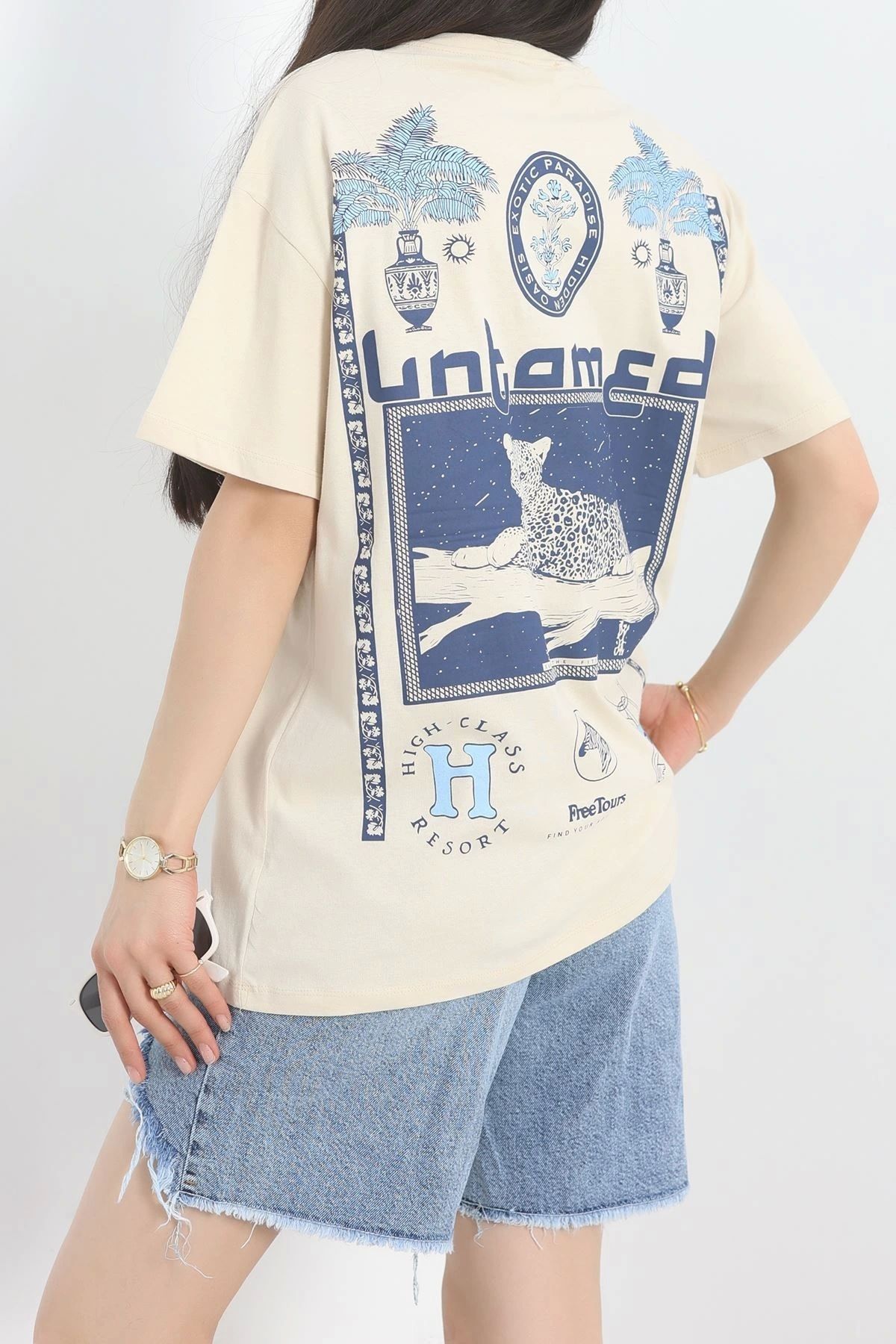 OurStyles Baskılı Oversize Tişört Bejmavi - 40649.1872.