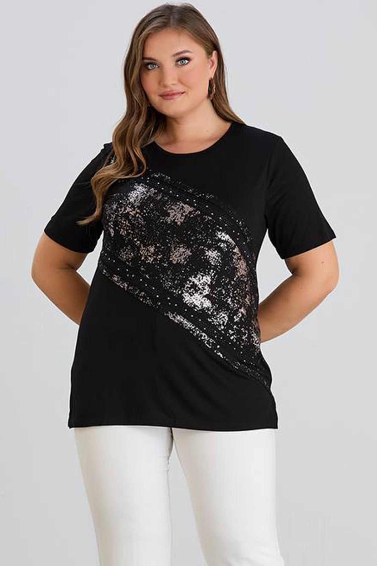 wearon tekstil Wearon Kadın Julia Varak Baskılı Taşlı Siyah Tişört