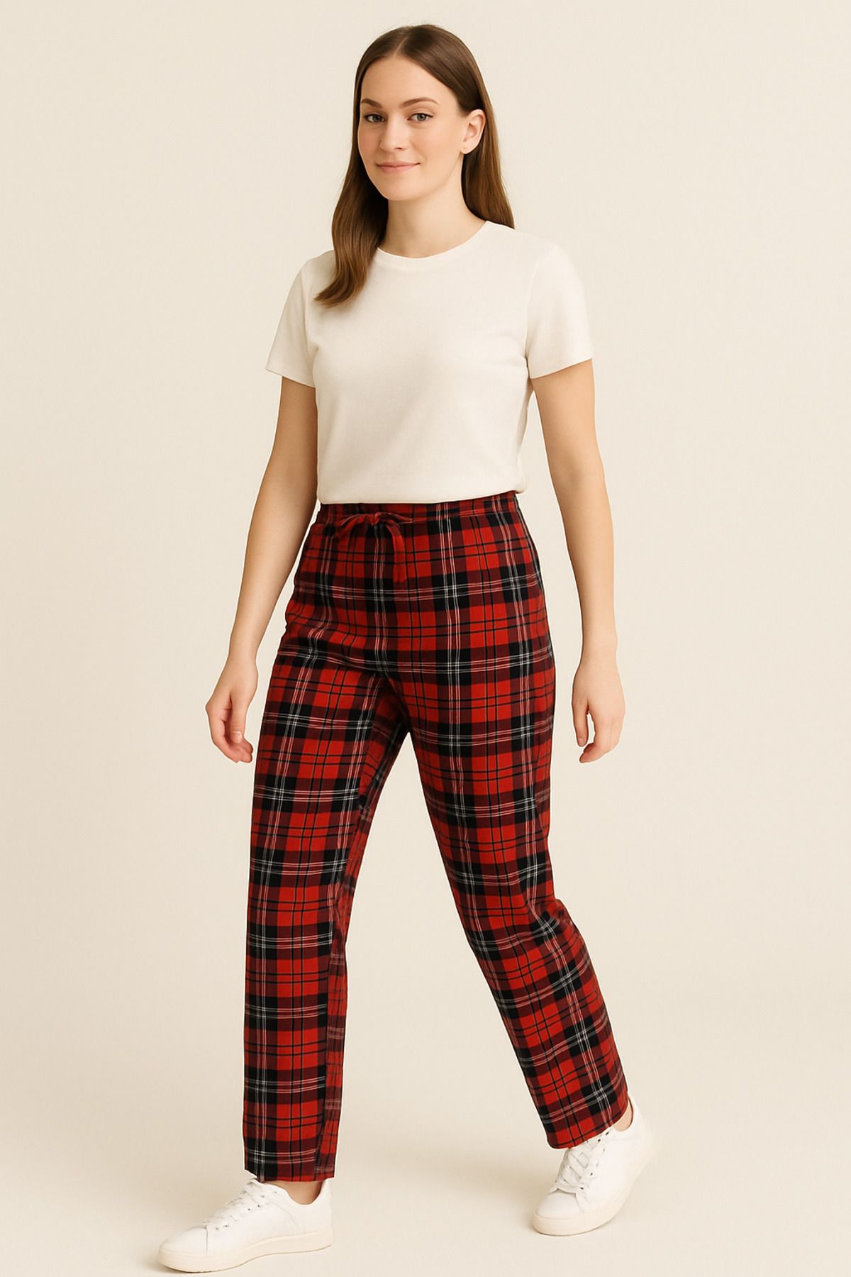 Black Arden Socks Kadın Kırmızı-Siyah Ekose Desenli Rahat Kesim Flanel Pijama Altı – Yumuşak Milan Kumaş