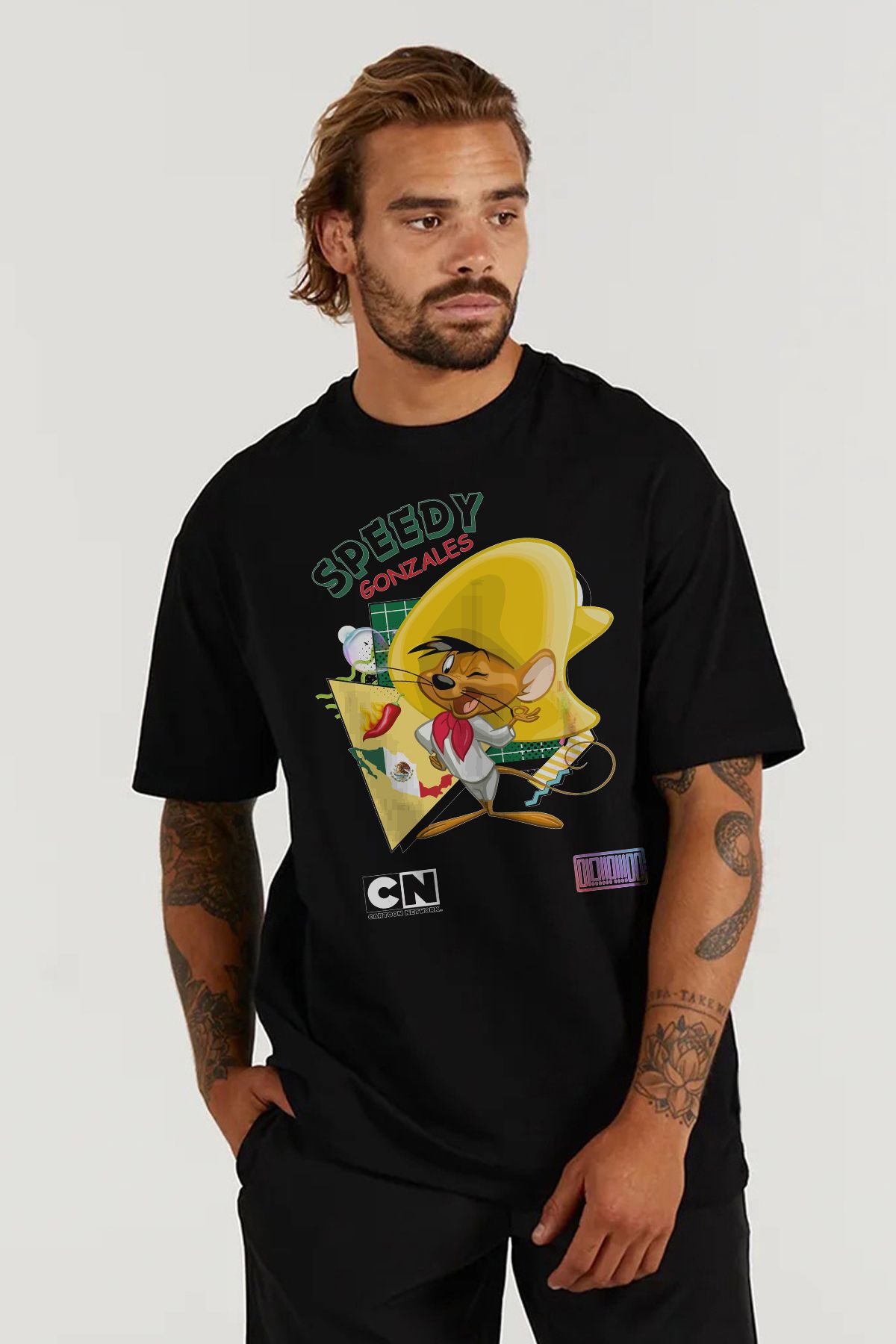 MODA Speedy Gonzales Baskılı Oversize Kalıp Siyah Geniş Bol Kesim Erkek Tişört