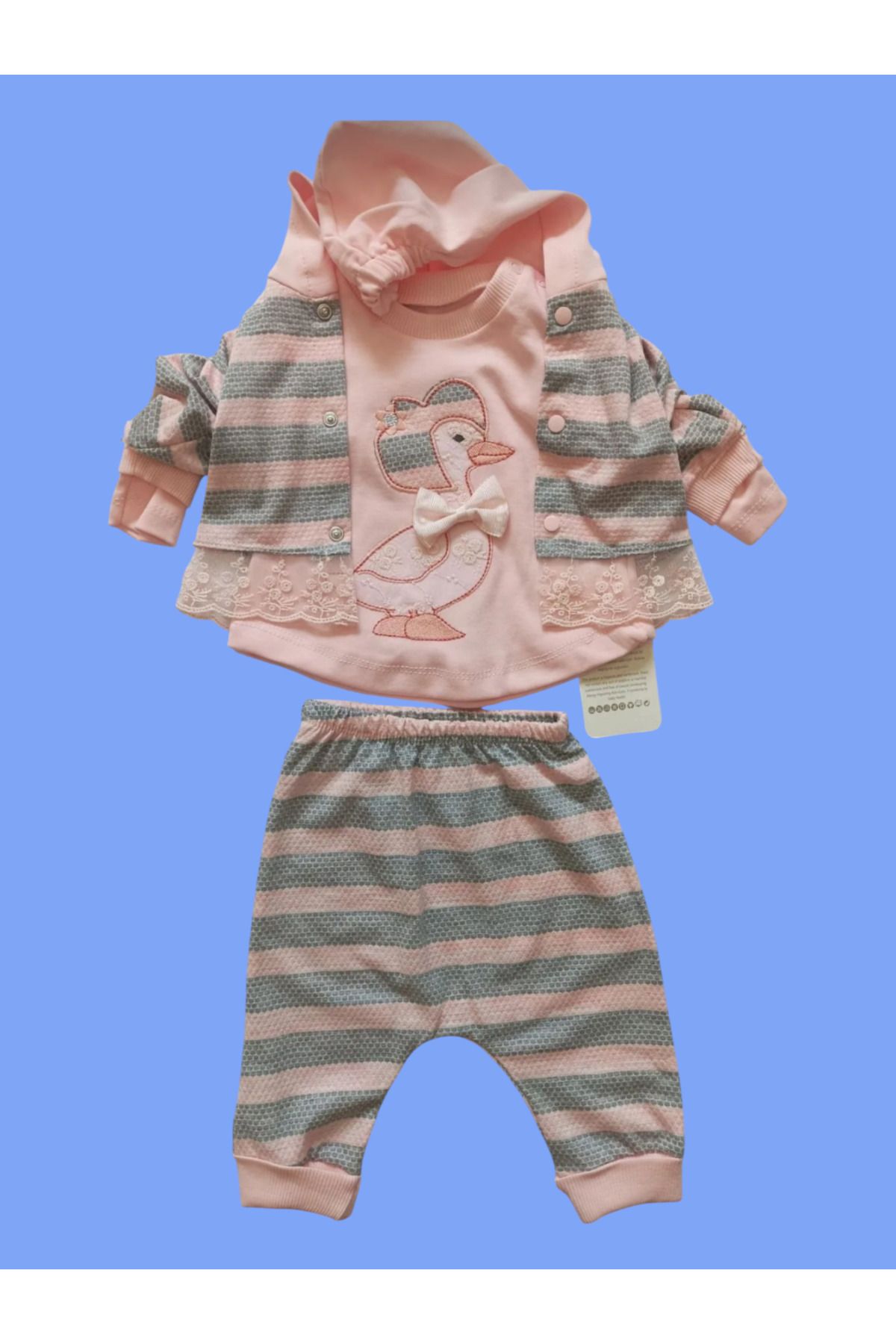 Babyim Pudra 3 Parça Ördek Nakışlı Kapüşonlu Dantelli Zıbın Seti