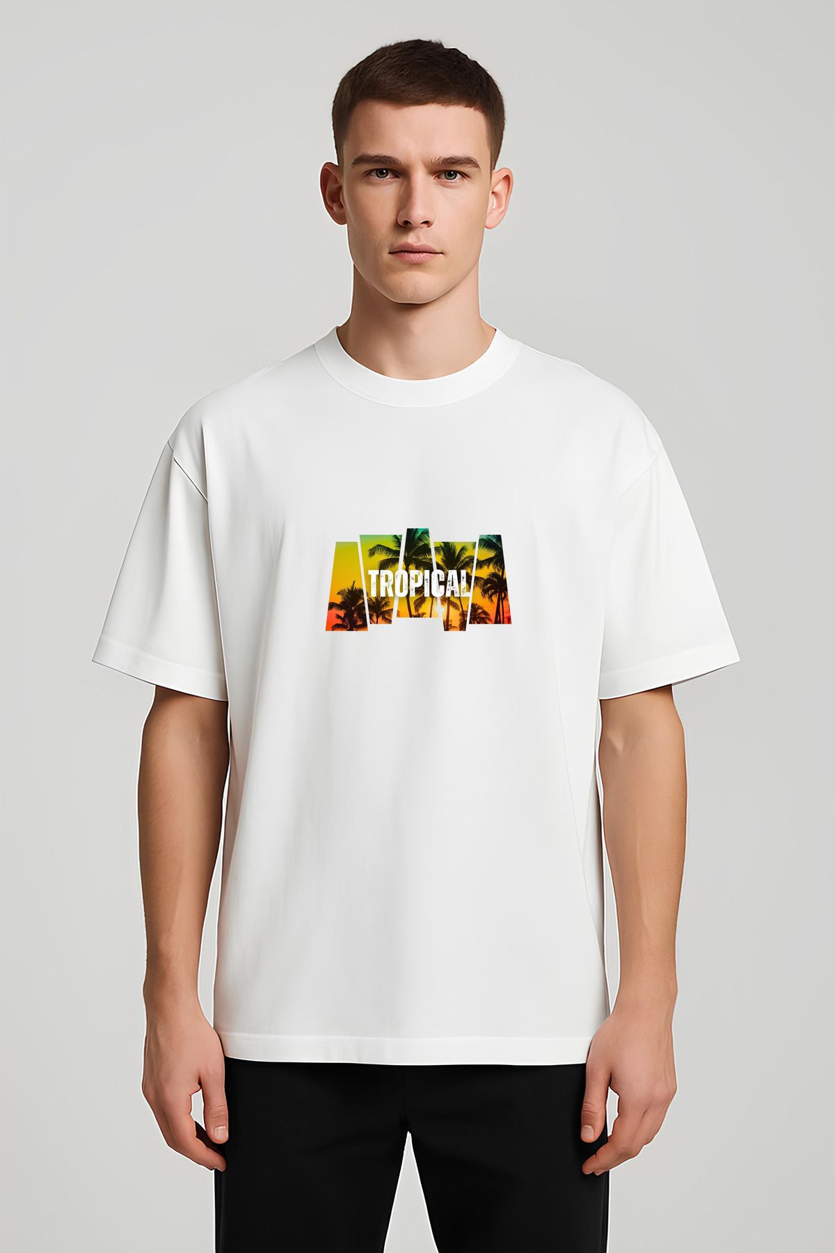 MODA Unisex Oversize Kalıp Tropical Baskılı T-Shirt