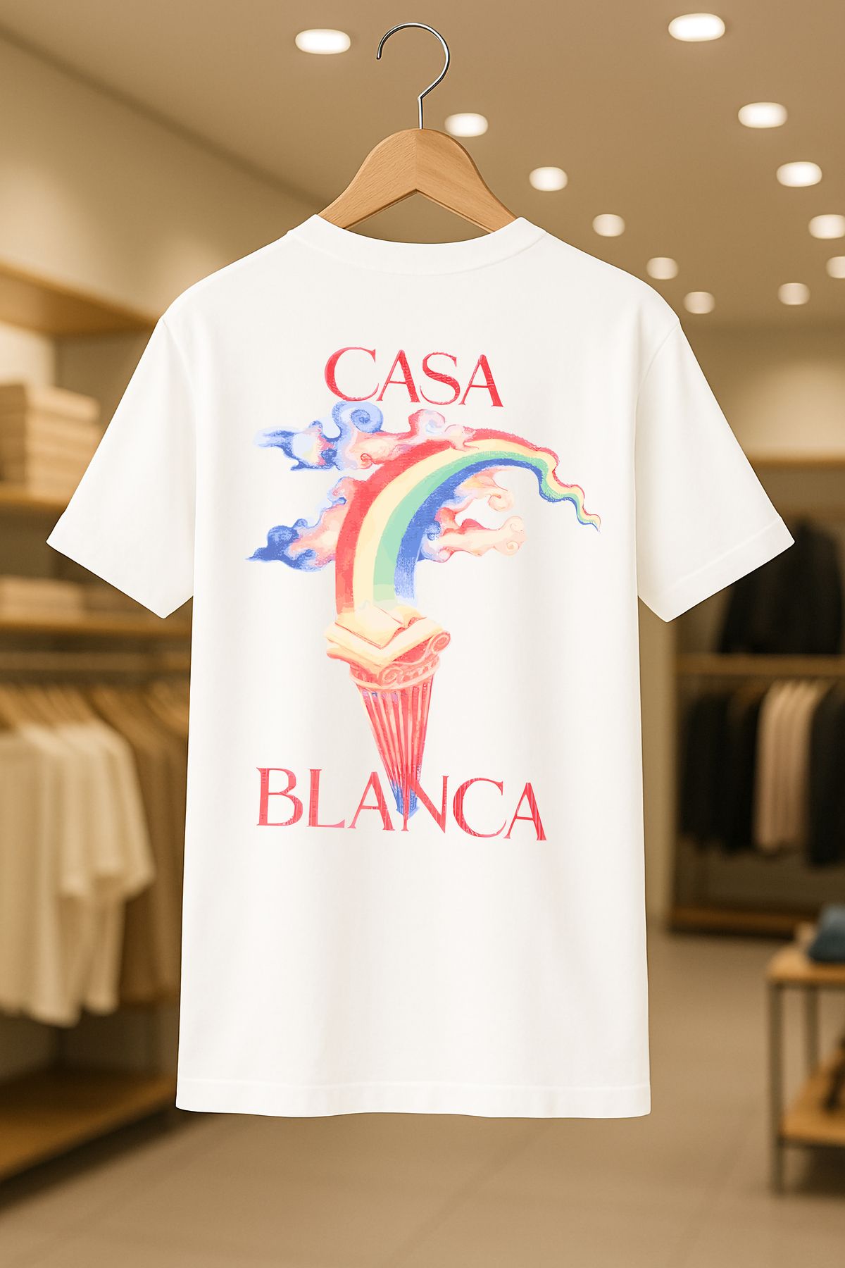 SELF CONTROL Casablanca Rainbow Baskılı Oversize Unisex %100 Pamuklu Nefes Alan Kalin Kumaşlı T-Shirt