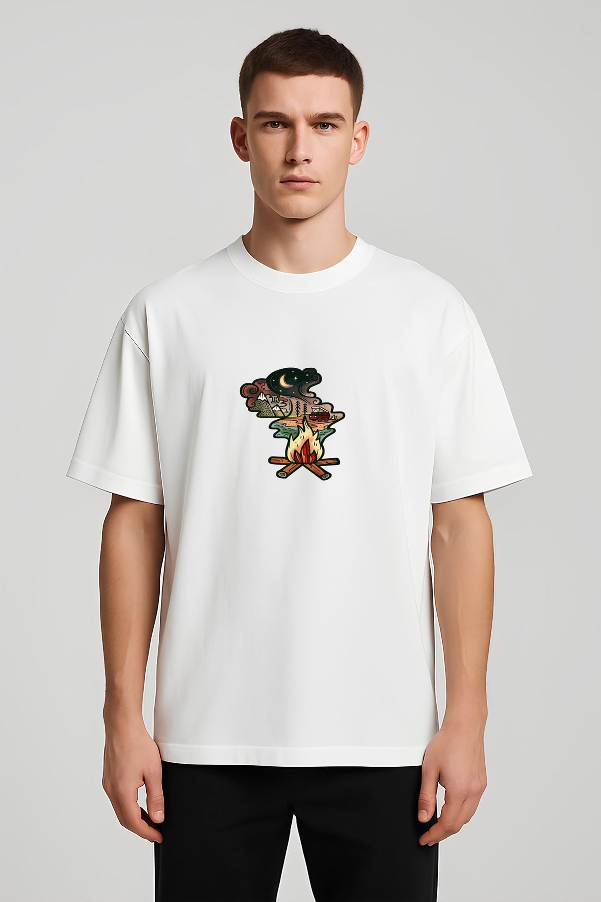 MODA Unisex Oversize Kalıp Kamp Ateşi Baskılı T-Shirt
