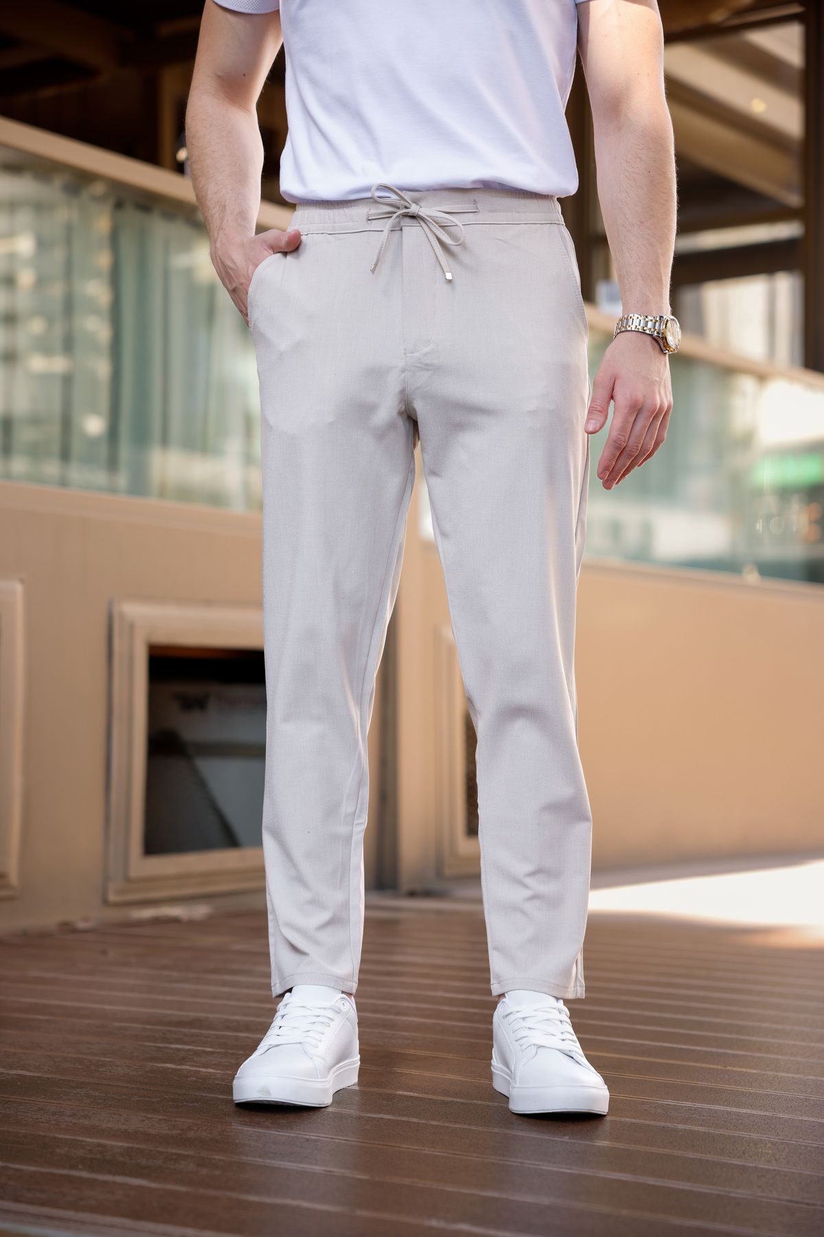 MODAMESTO Erkek Bej Relaxed Fit Yandan Cepli Beli Lastikli Bağcıklı Jogger Pantolon