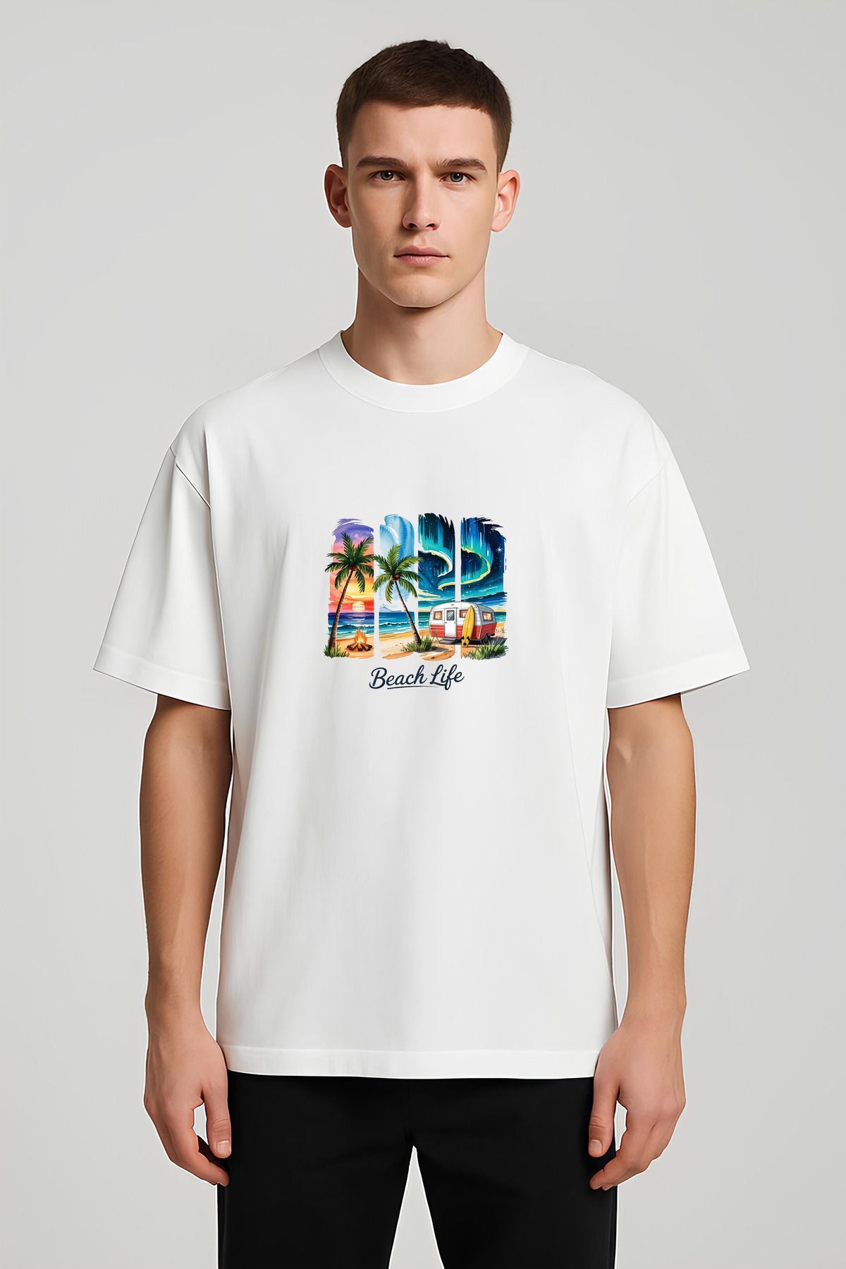 MODA Unisex Oversize Kalıp Beach Life Baskılı T-Shirt